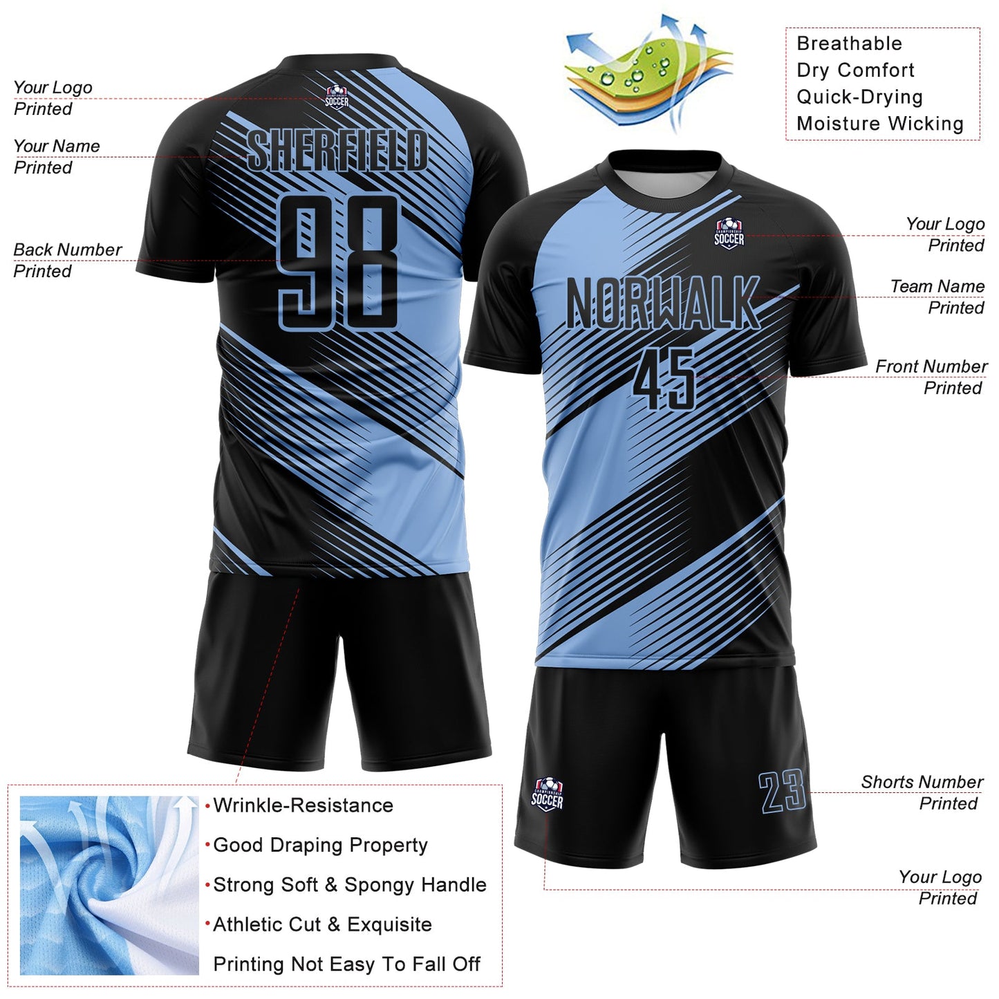Custom Black Light Blue Line Sublimation Soccer Uniform Jersey view 4