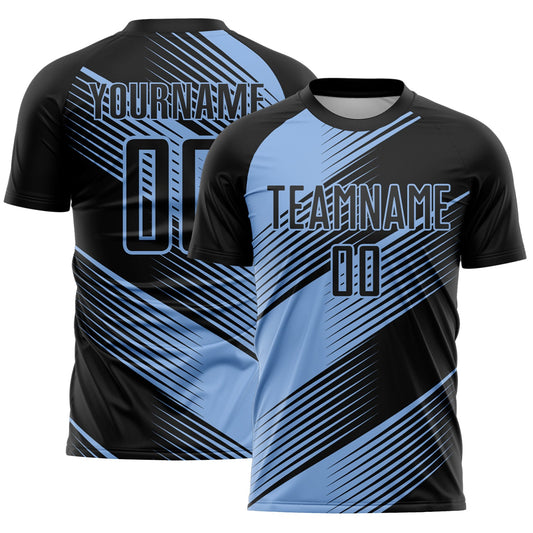 Custom Black Light Blue Line Sublimation Soccer Uniform Jersey - Main View