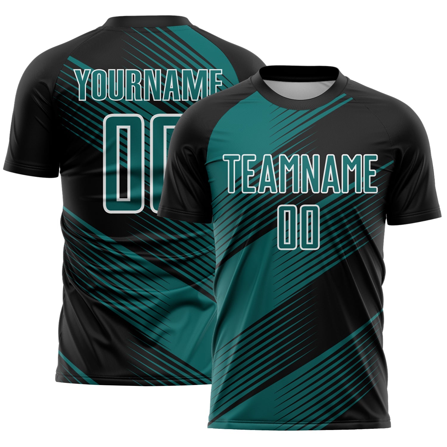 Custom Black Teal-White Line Sublimation Soccer Uniform Jersey - Main View