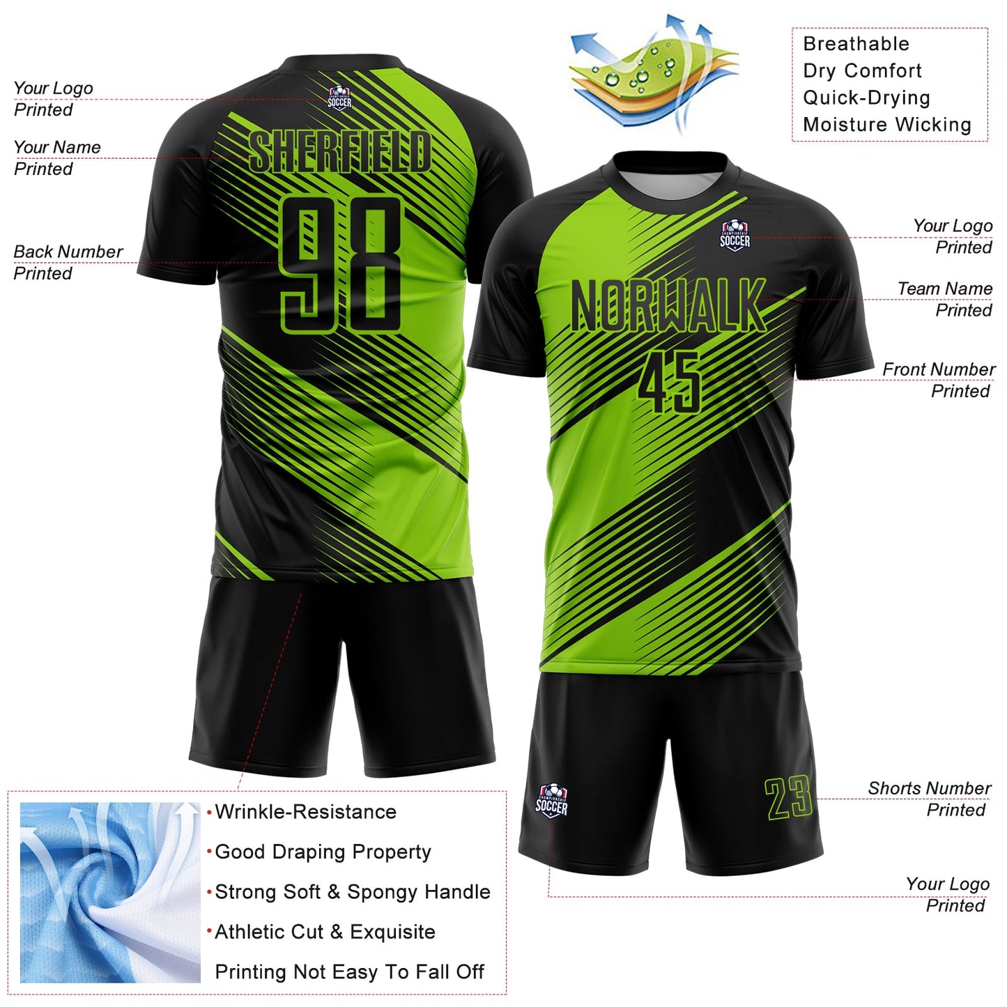 Custom Black Neon Green Line Sublimation Soccer Uniform Jersey view 4