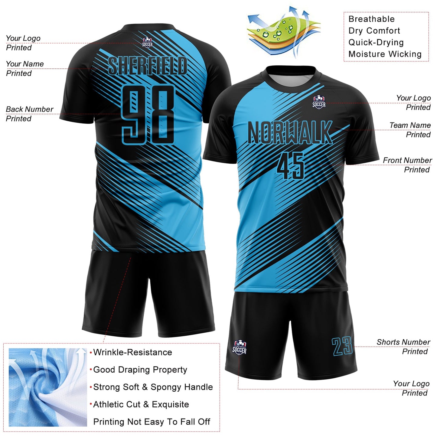 Custom Black Sky Blue Line Sublimation Soccer Uniform Jersey view 4