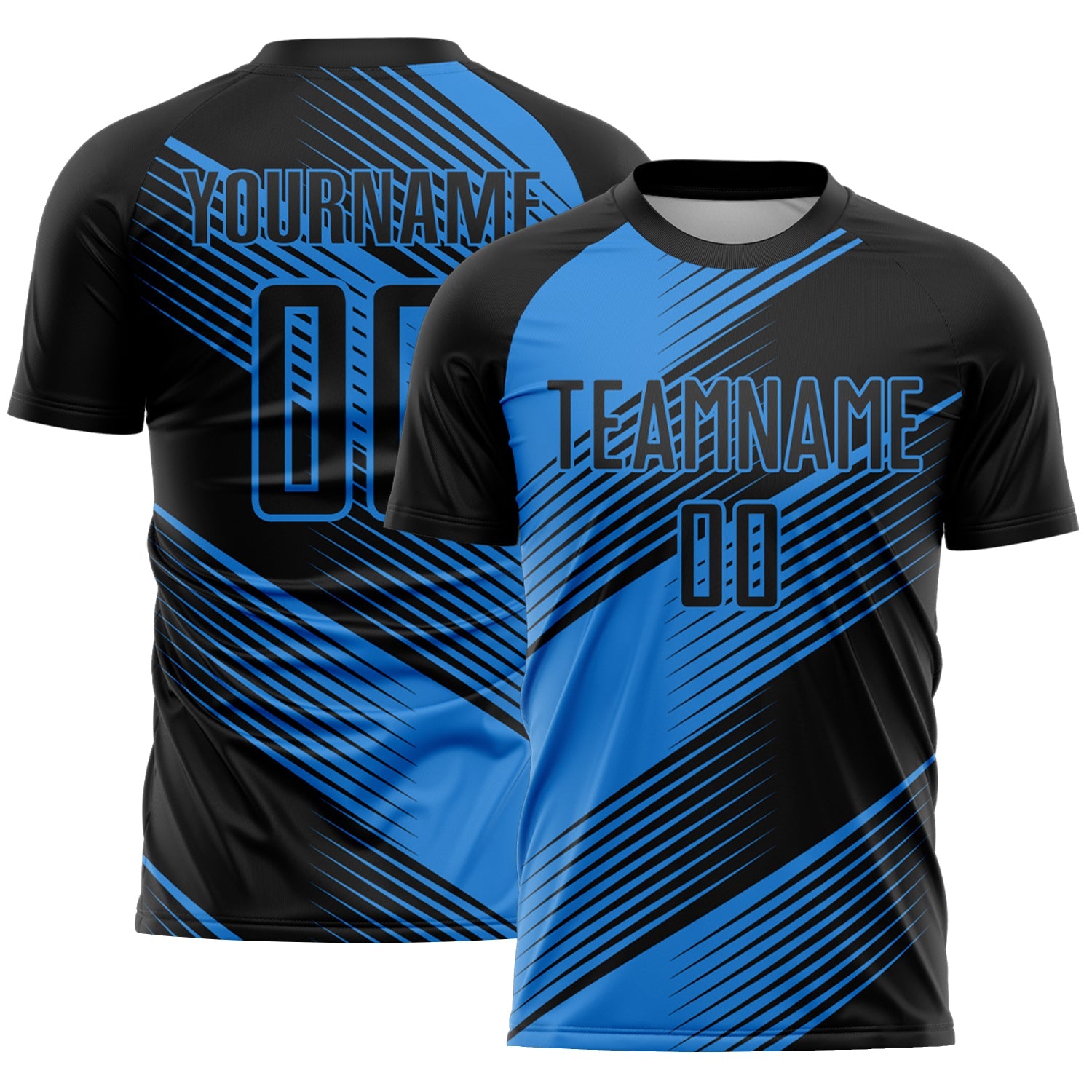 Custom Black Powder Blue Line Sublimation Soccer Uniform Jersey - Main View