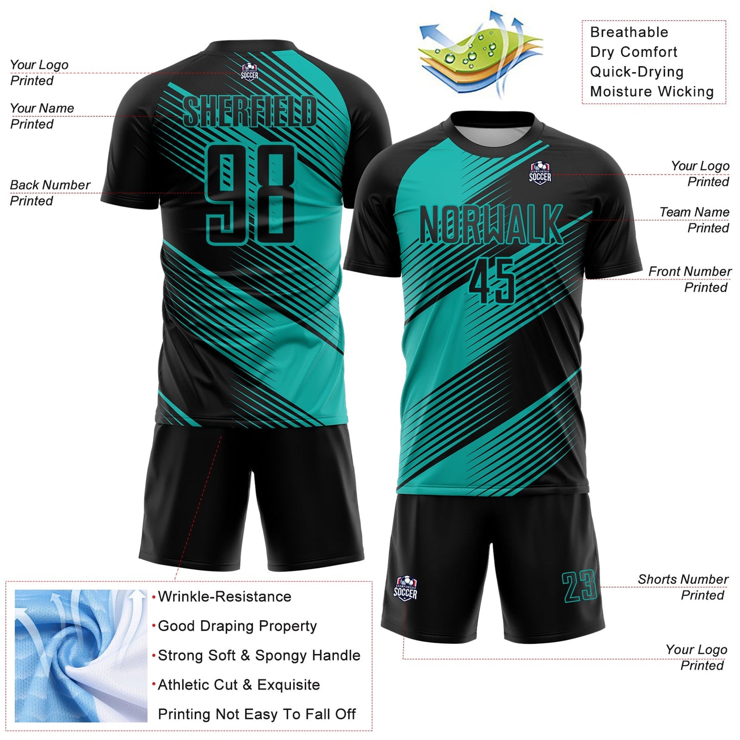 Custom Black Aqua Line Sublimation Soccer Uniform Jersey view 4