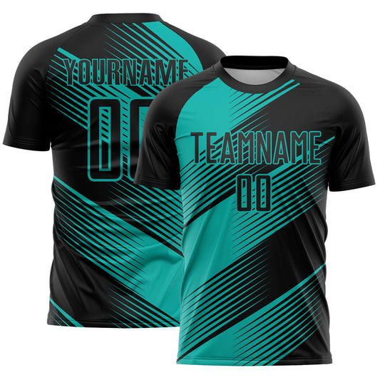 Custom Black Aqua Line Sublimation Soccer Uniform Jersey - Main View