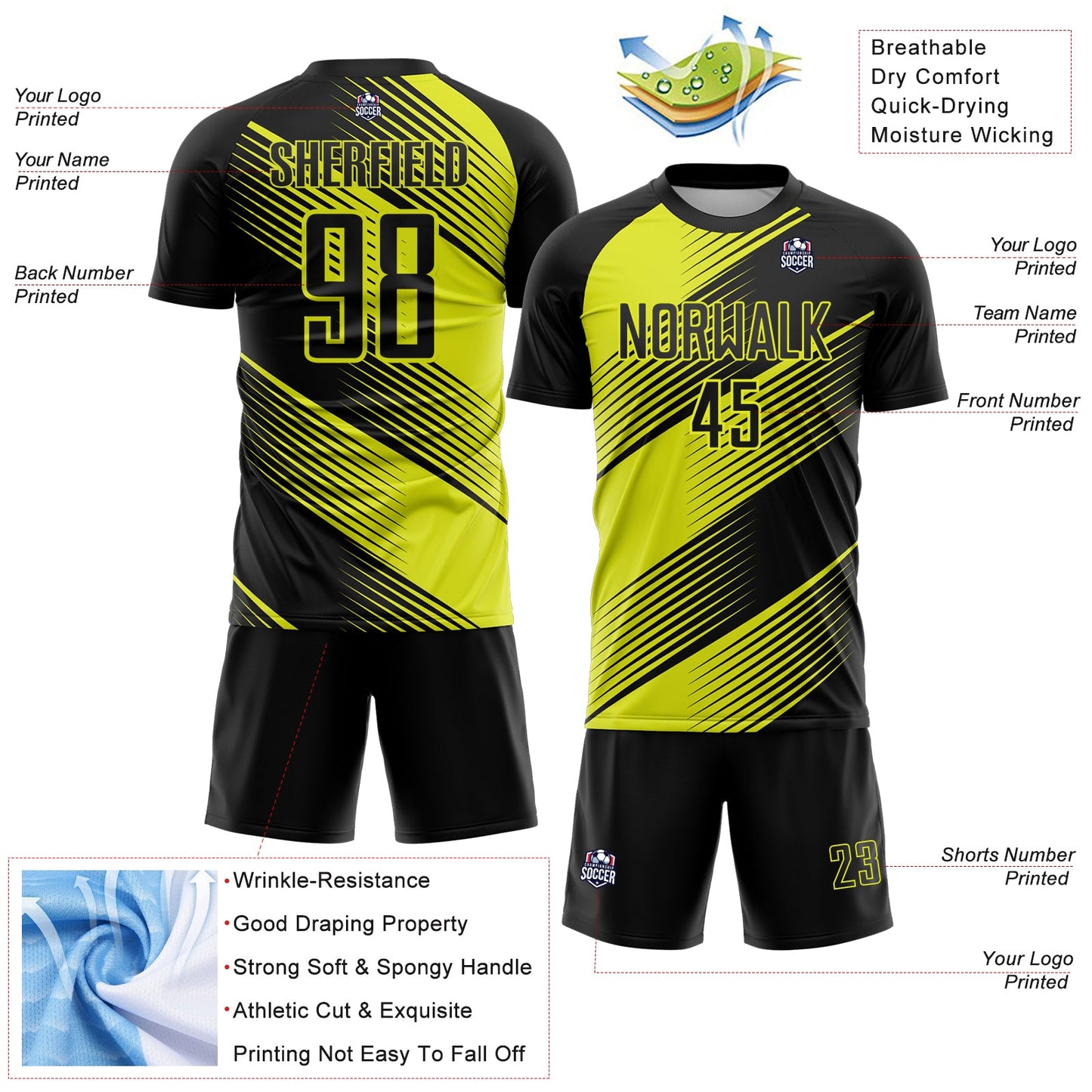 Custom Black Neon Yellow Line Sublimation Soccer Uniform Jersey view 4