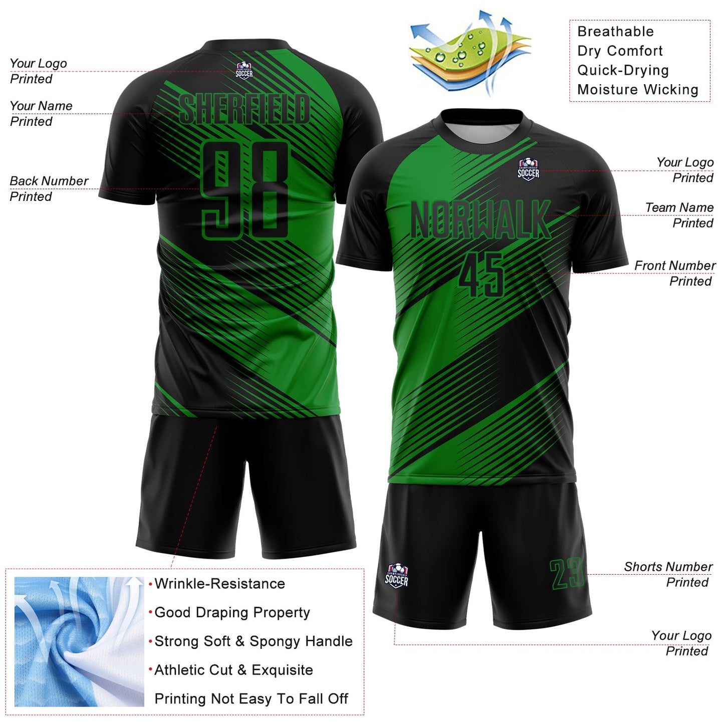 Custom Black Grass Green Line Sublimation Soccer Uniform Jersey view 4