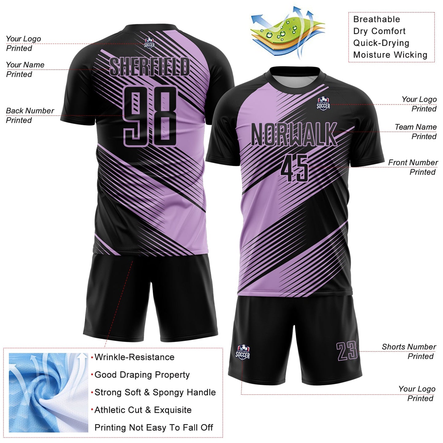Custom Black Light Pink Line Sublimation Soccer Uniform Jersey view 4