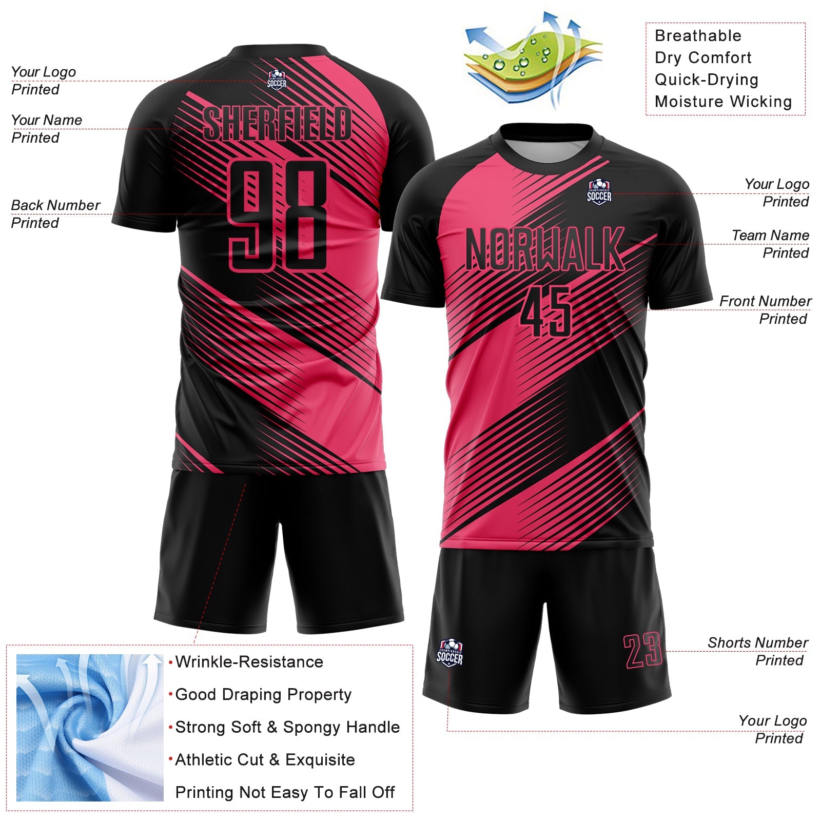 Custom Black Neon Pink Line Sublimation Soccer Uniform Jersey view 4