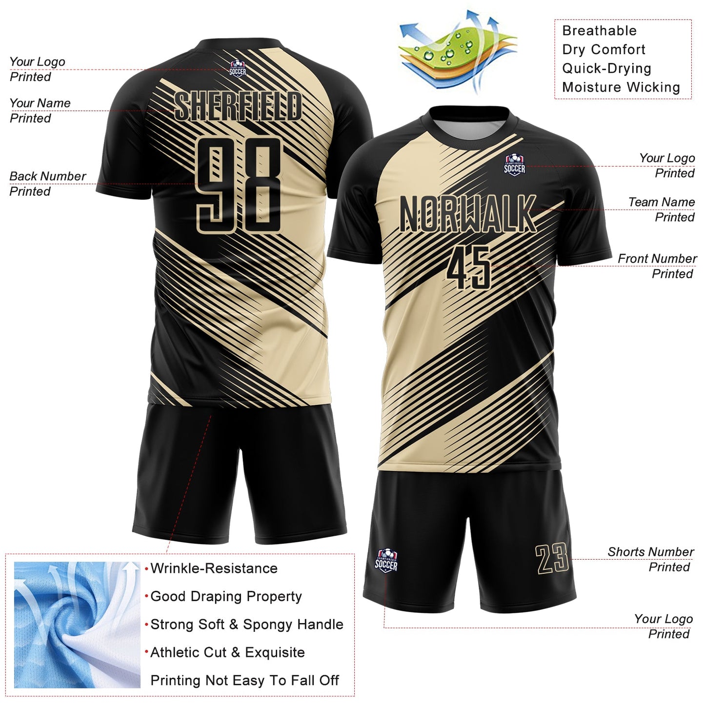 Custom Black Cream Line Sublimation Soccer Uniform Jersey view 4