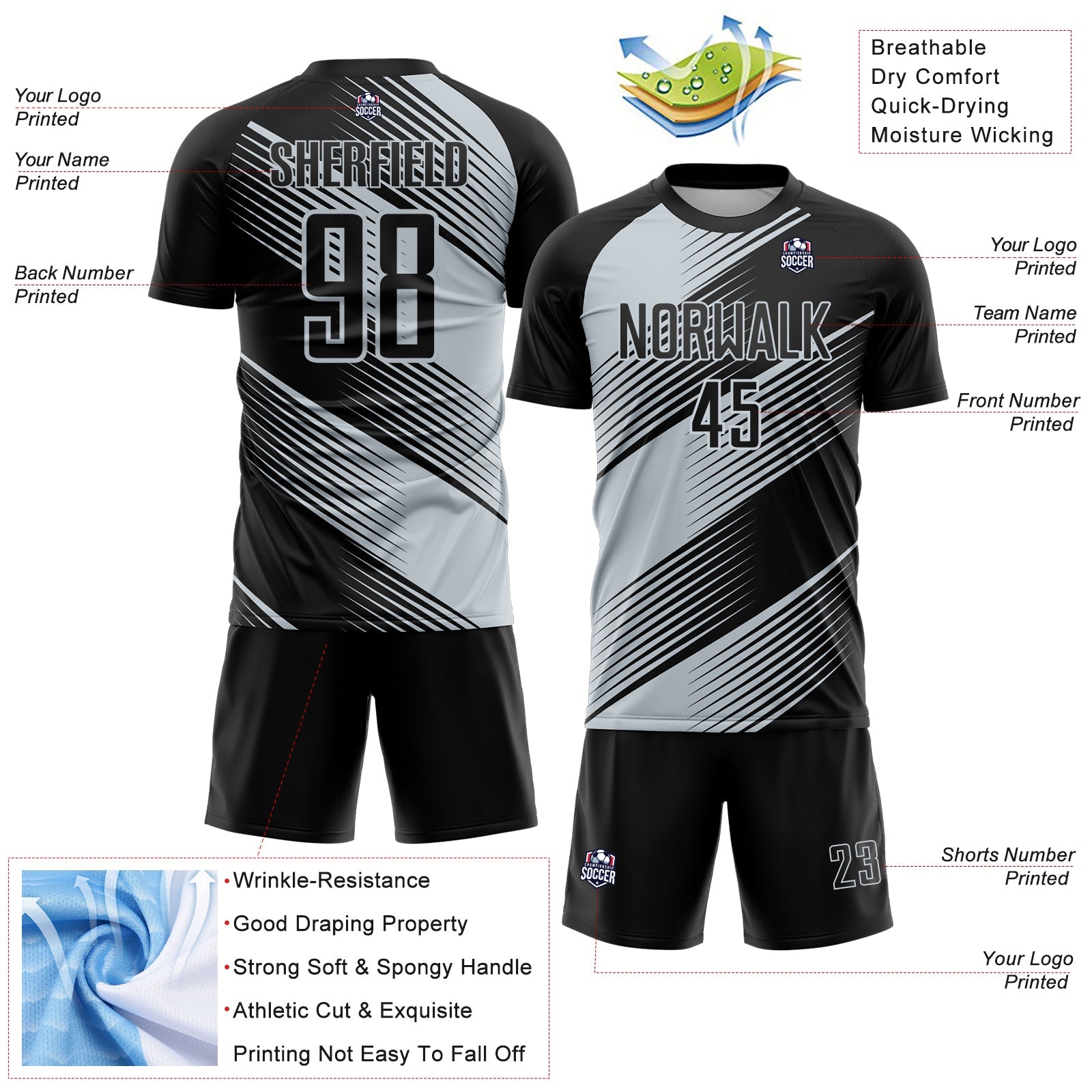 Custom Black Silver Line Sublimation Soccer Uniform Jersey view 4
