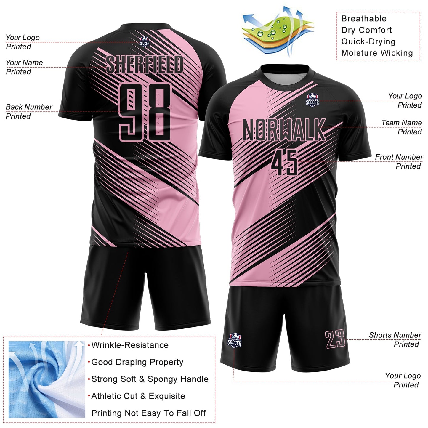 Custom Black Light Pink Line Sublimation Soccer Uniform Jersey view 4