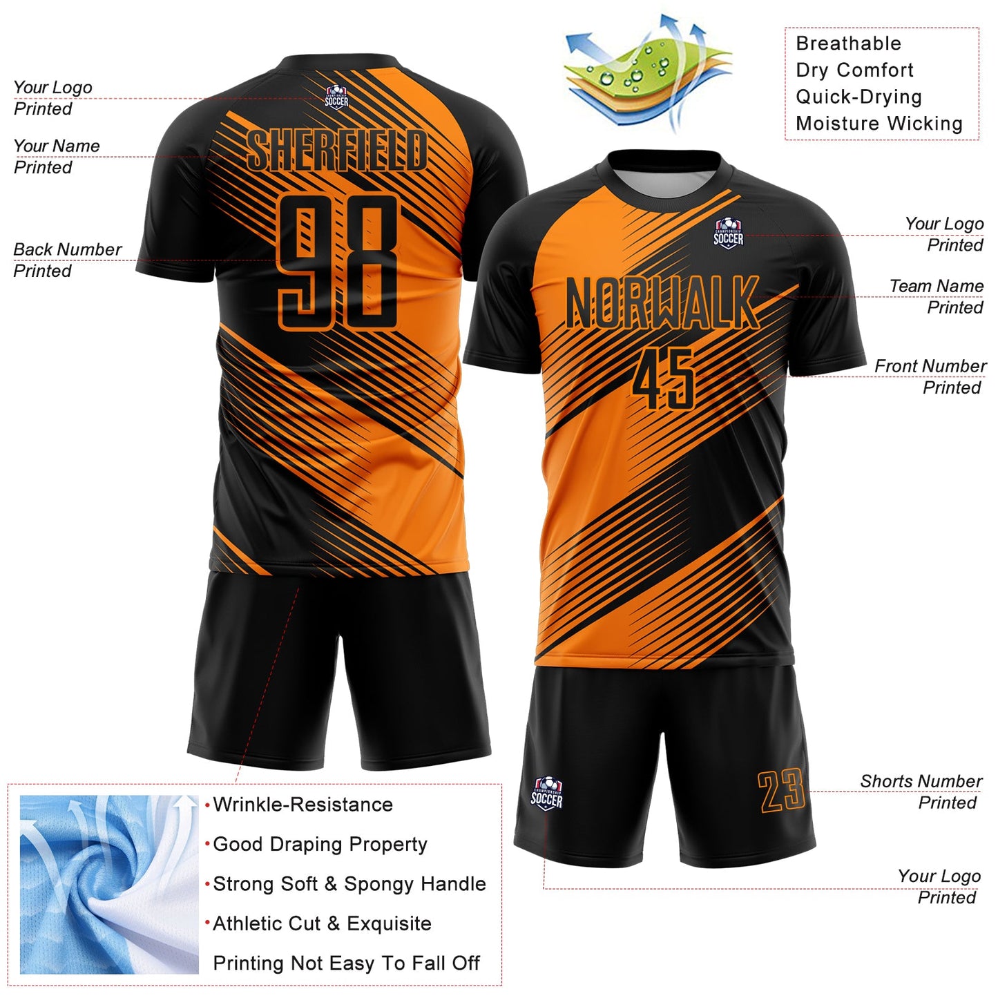 Custom Black Bay Orange Line Sublimation Soccer Uniform Jersey view 4