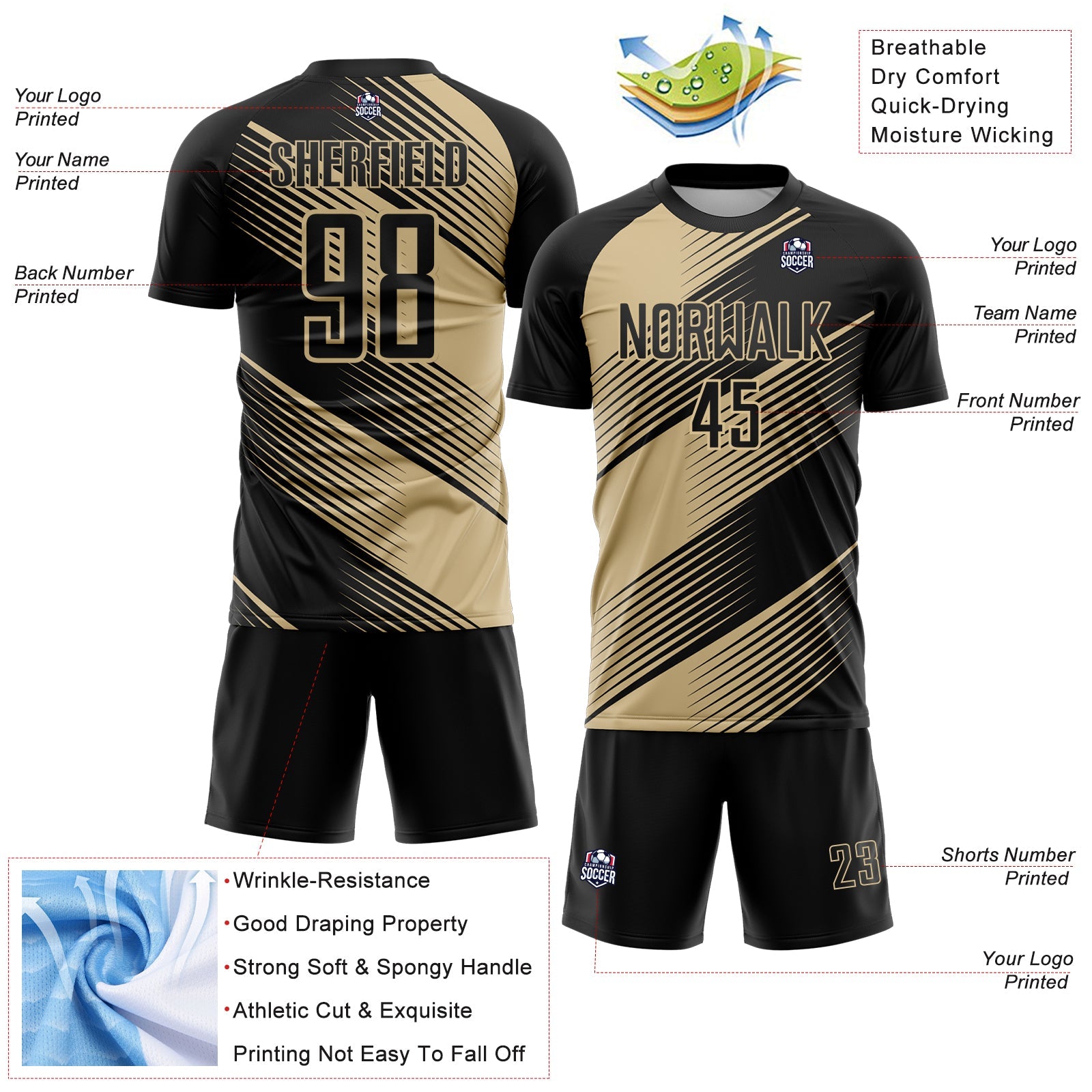 Custom Black Vegas Gold Line Sublimation Soccer Uniform Jersey view 4