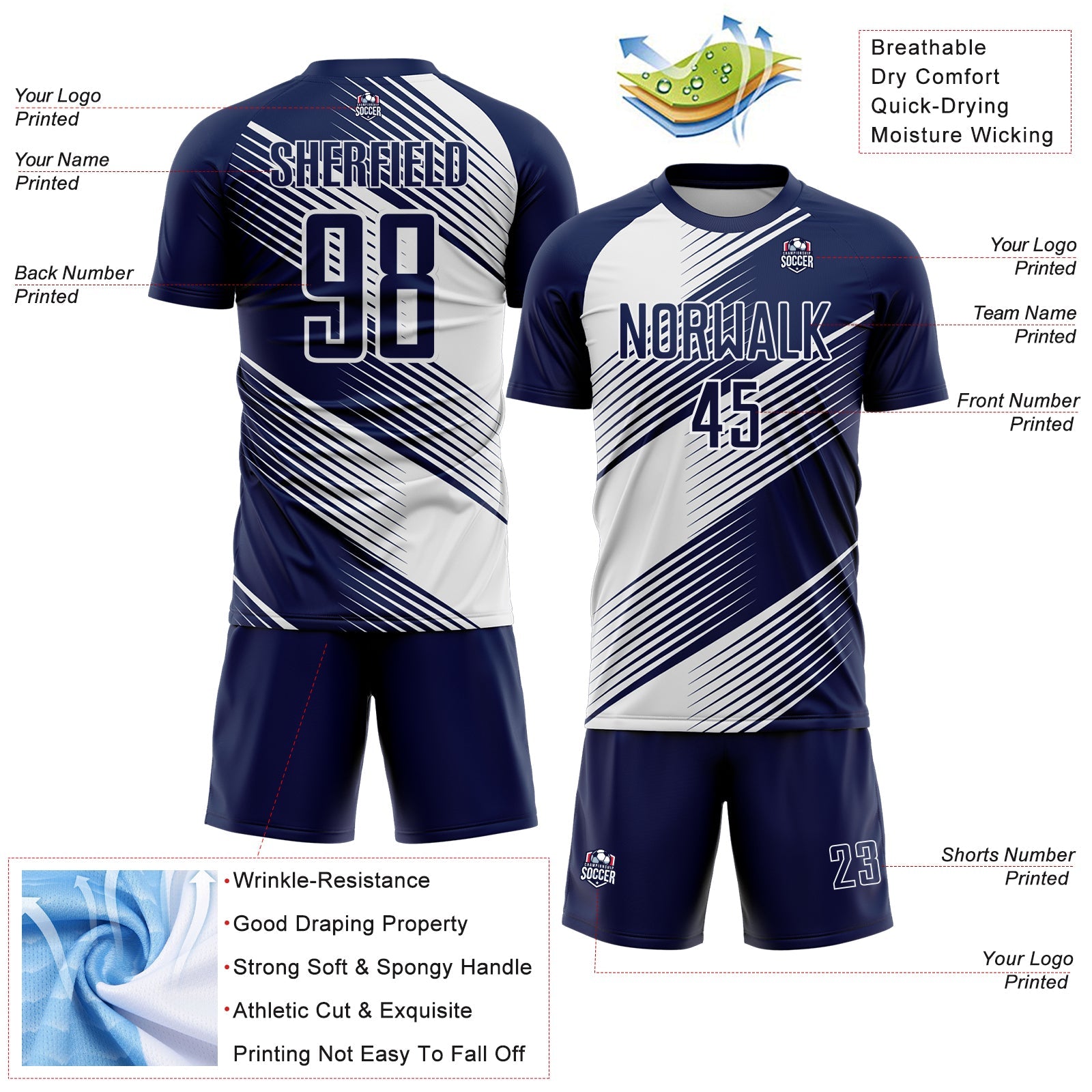 Custom Navy White Line Sublimation Soccer Uniform Jersey view 4