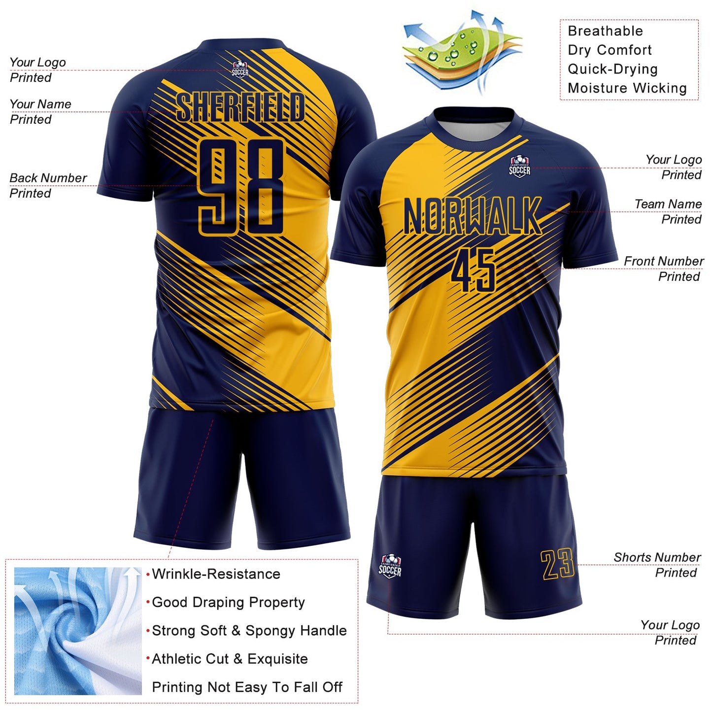 Custom Navy Gold Line Sublimation Soccer Uniform Jersey view 4