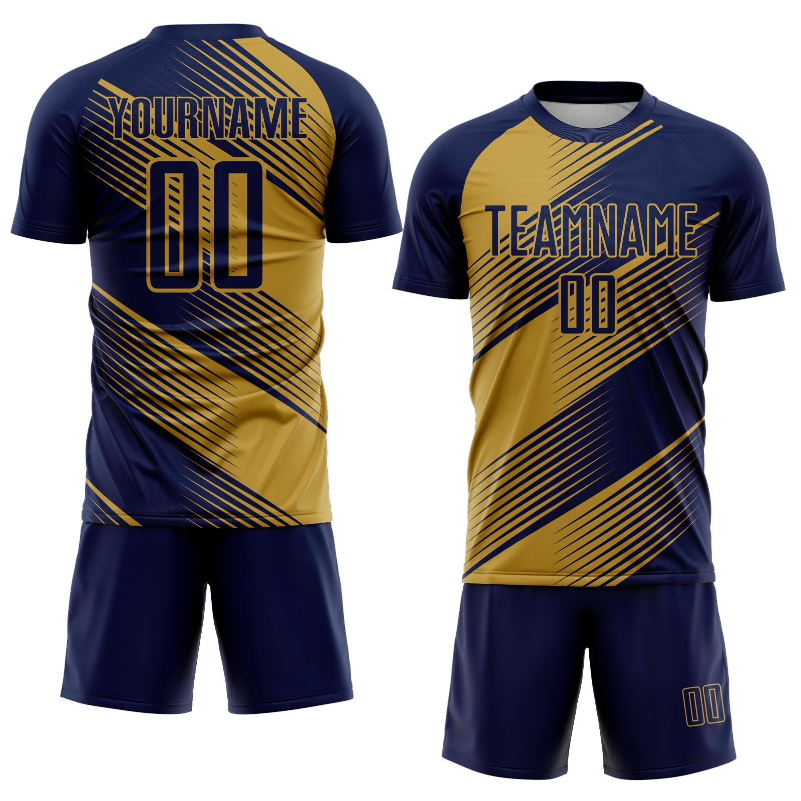 Custom Navy Old Gold Line Sublimation Soccer Uniform Jersey view 2