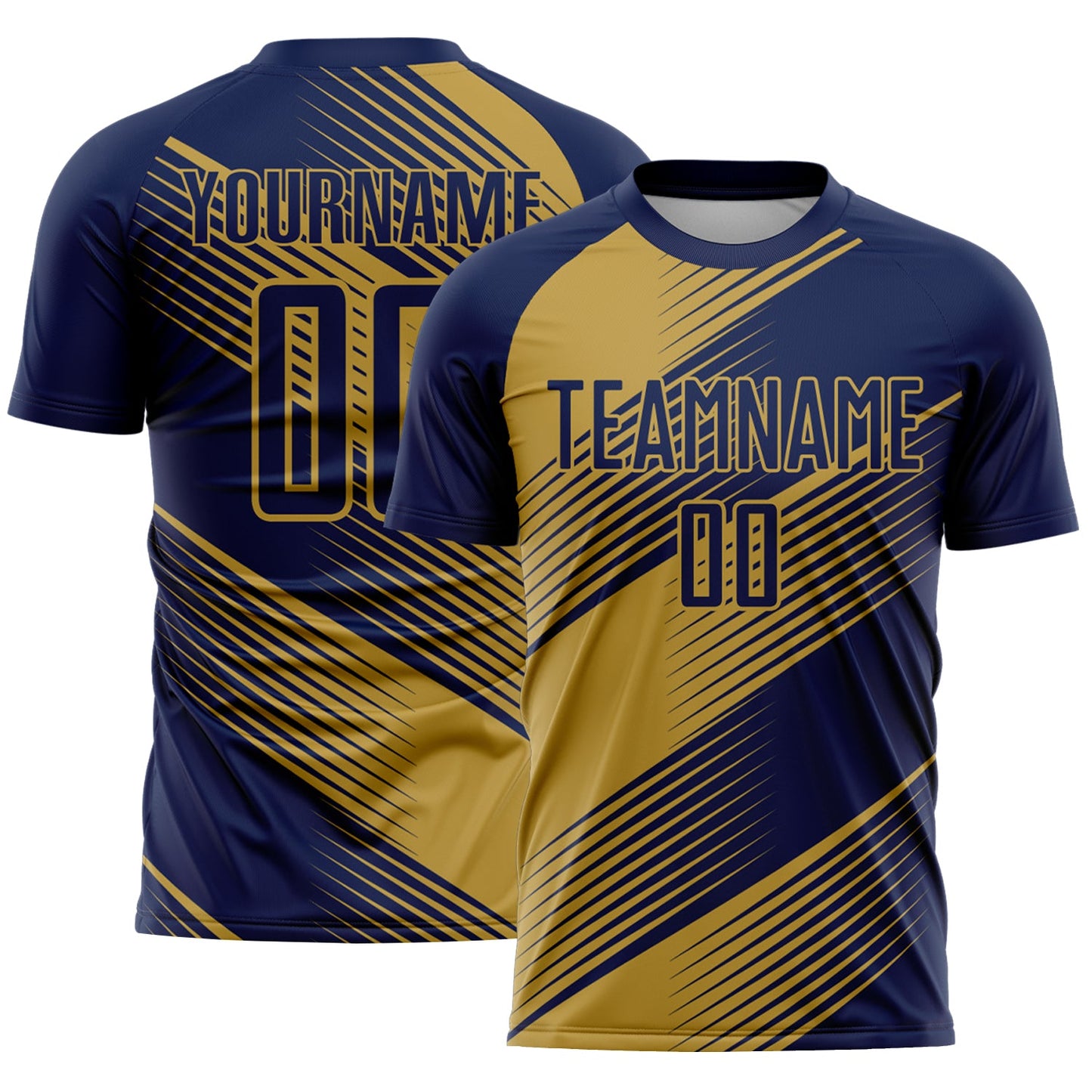 Custom Navy Old Gold Line Sublimation Soccer Uniform Jersey - Main View