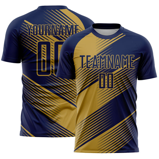 Custom Navy Old Gold Line Sublimation Soccer Uniform Jersey - Main View