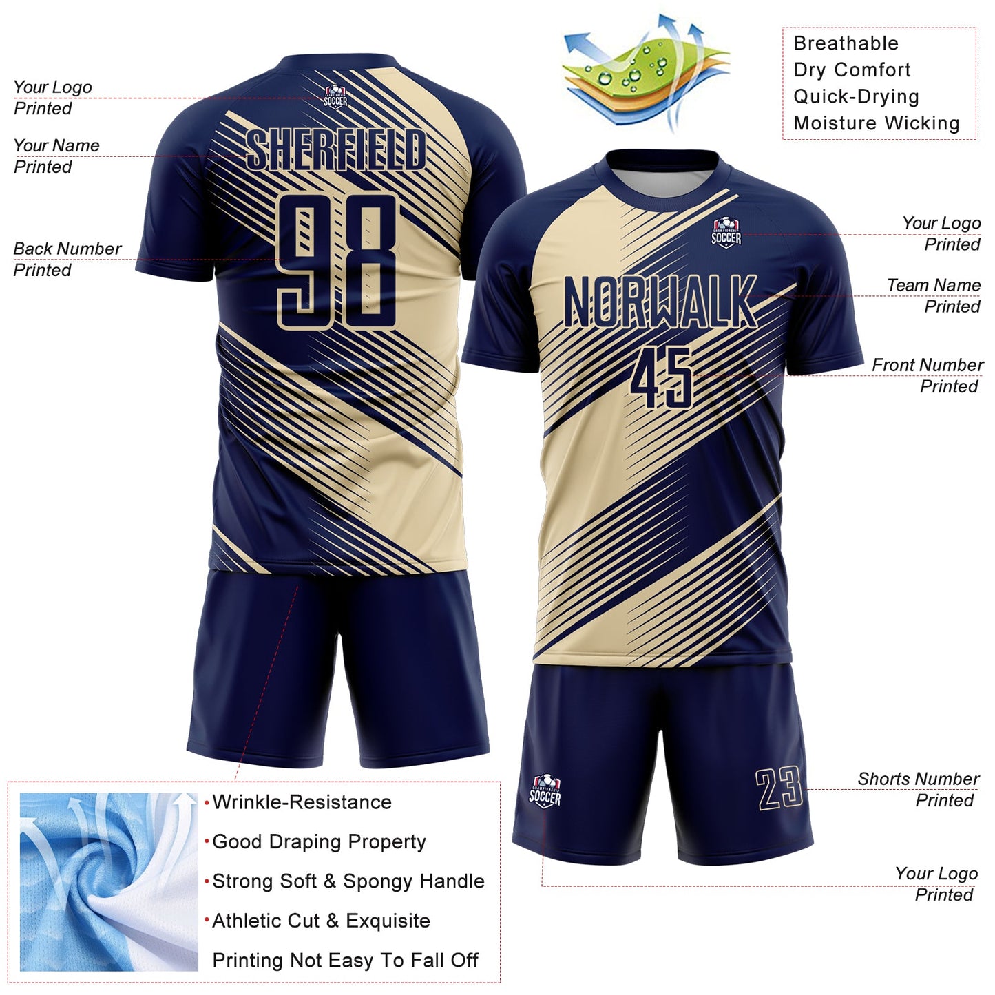 Custom Navy Cream Line Sublimation Soccer Uniform Jersey view 4