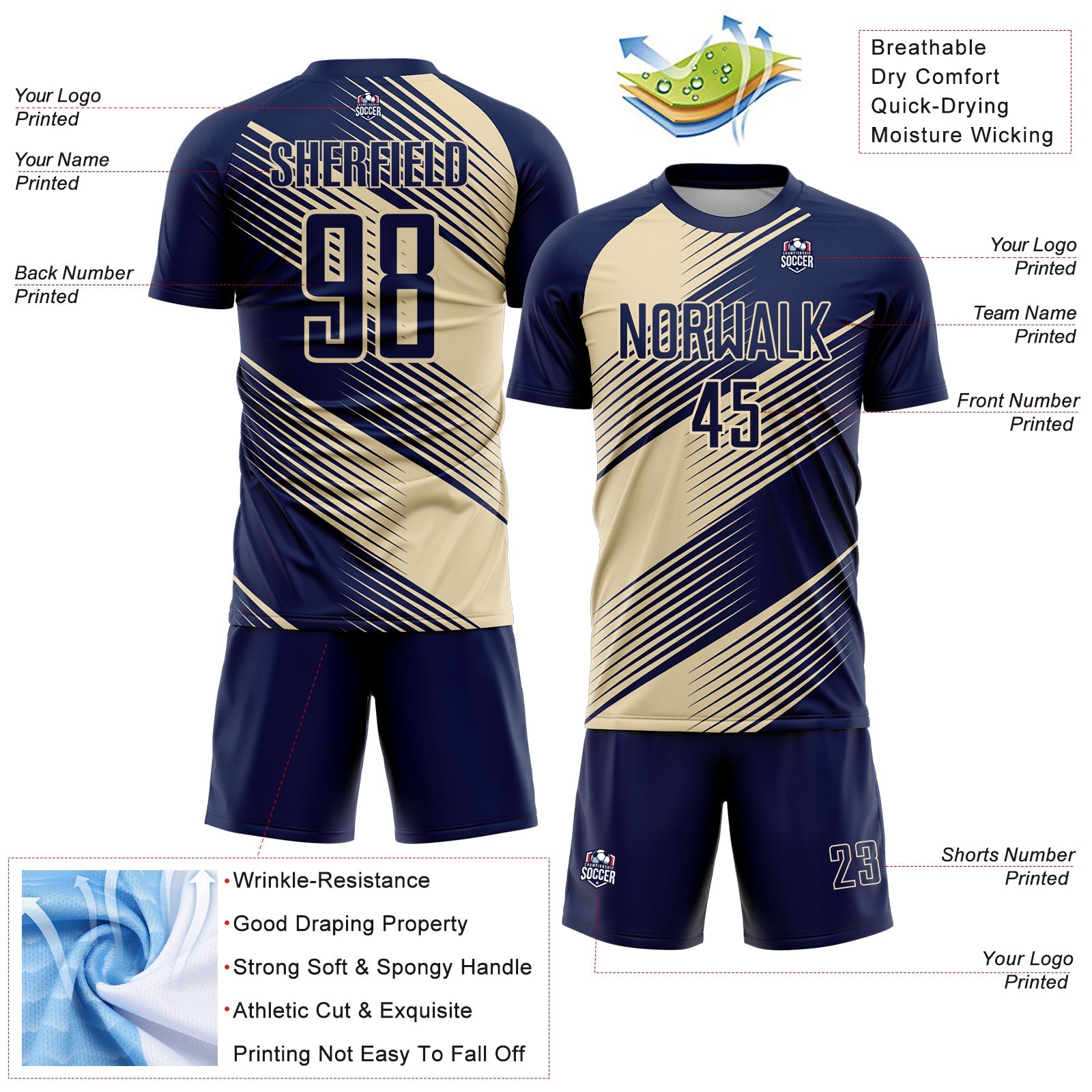 Custom Navy Cream Line Sublimation Soccer Uniform Jersey view 4