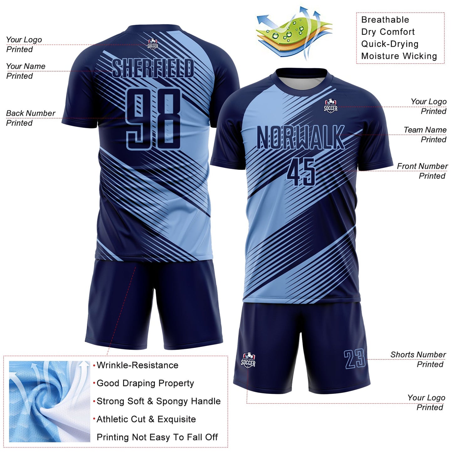 Custom Navy Light Blue Line Sublimation Soccer Uniform Jersey view 4