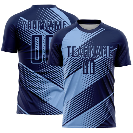 Custom Navy Light Blue Line Sublimation Soccer Uniform Jersey - Main View