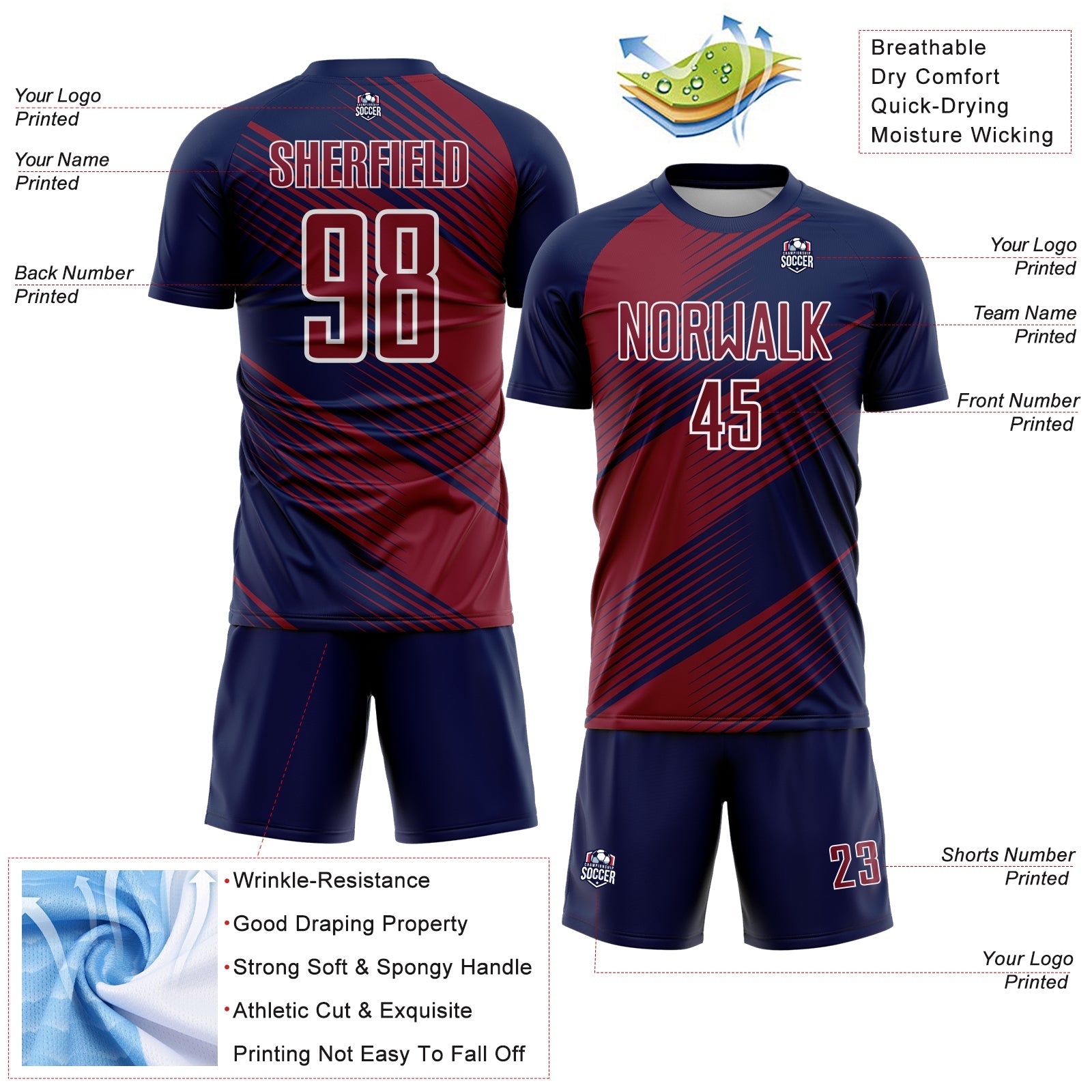 Custom Navy Crimson-White Line Sublimation Soccer Uniform Jersey view 4