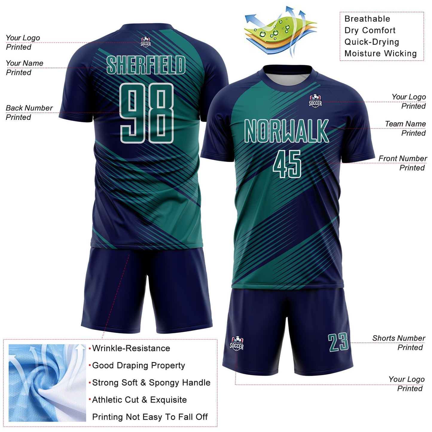 Custom Navy Teal-White Line Sublimation Soccer Uniform Jersey view 4