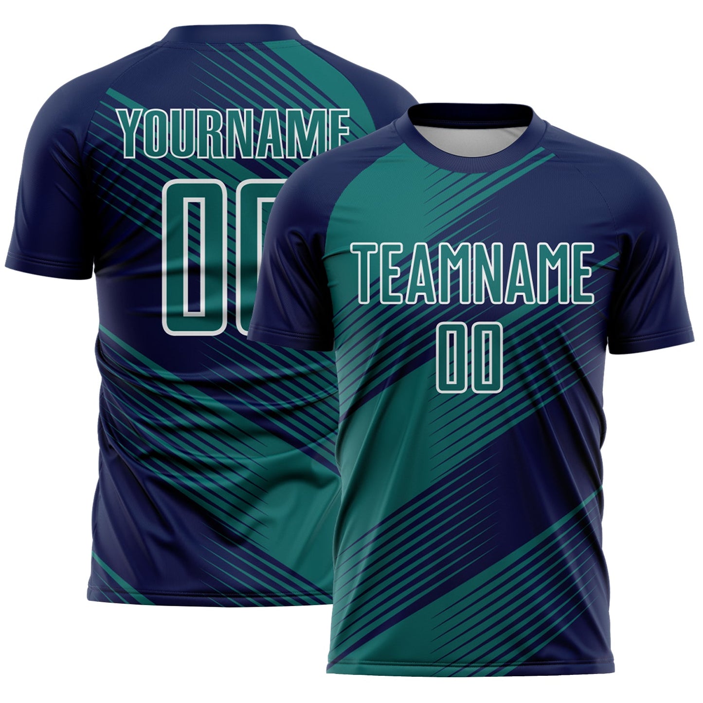 Custom Navy Teal-White Line Sublimation Soccer Uniform Jersey - Main View