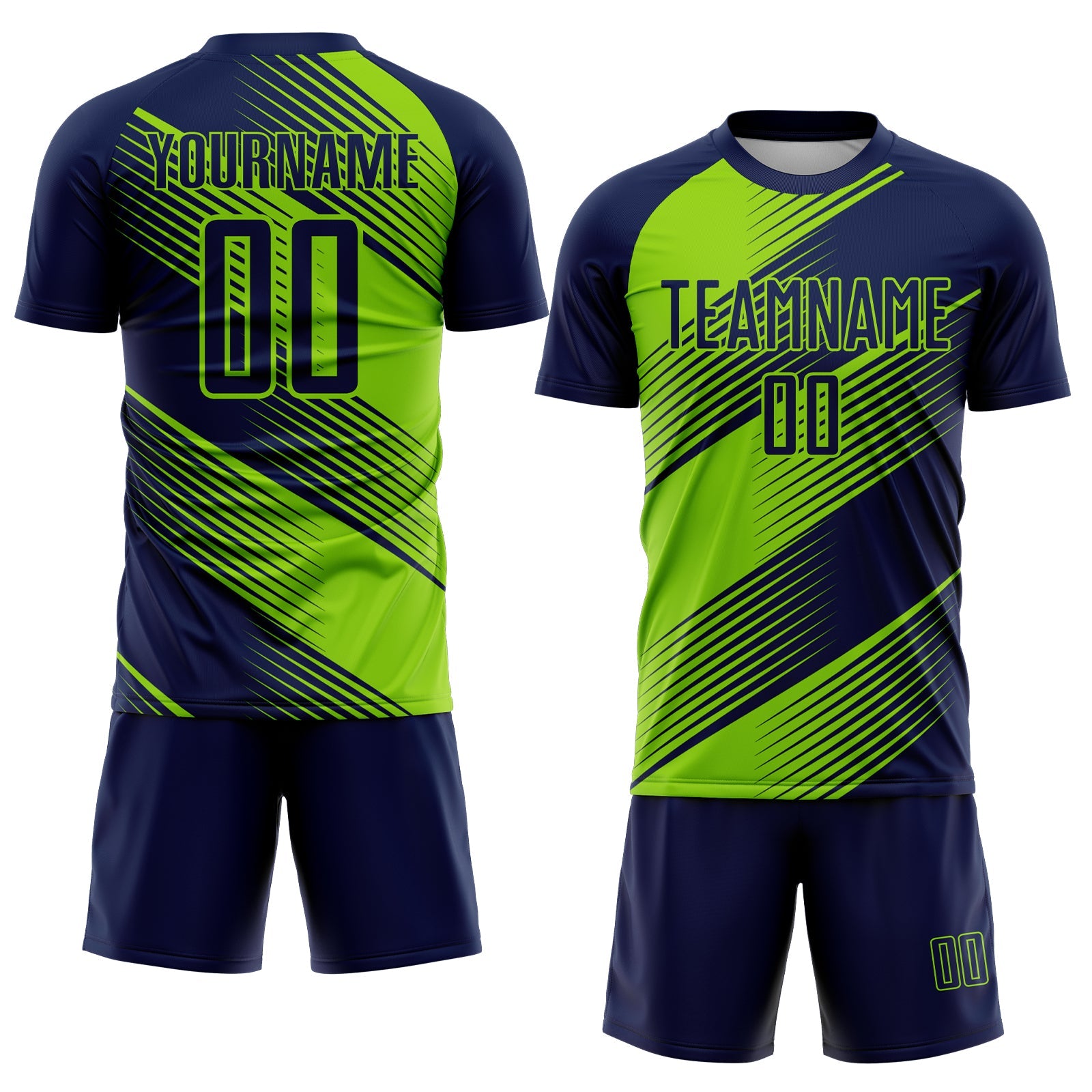 Custom Navy Neon Green Line Sublimation Soccer Uniform Jersey view 2