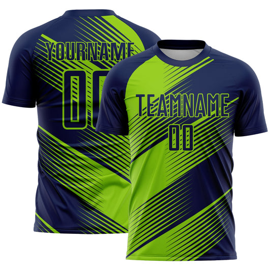 Custom Navy Neon Green Line Sublimation Soccer Uniform Jersey - Main View