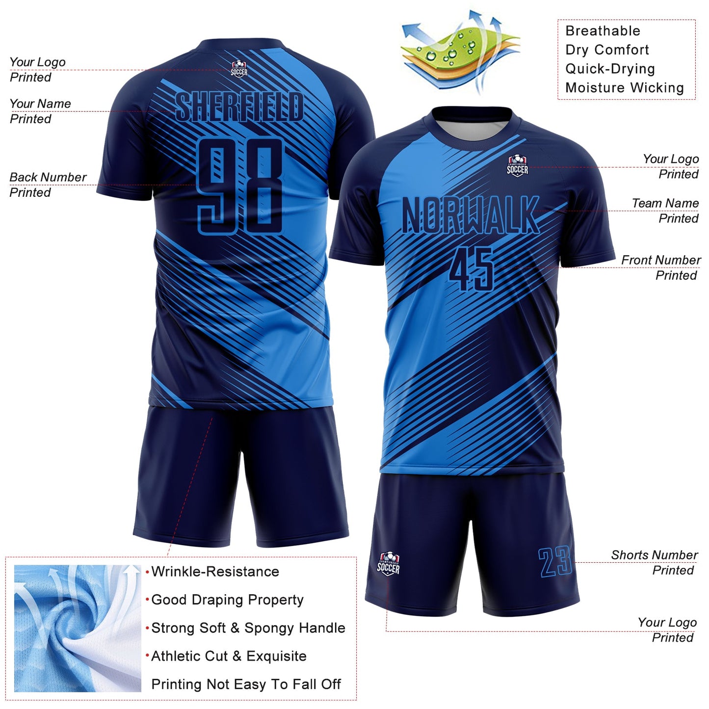 Custom Navy Powder Blue Line Sublimation Soccer Uniform Jersey view 4