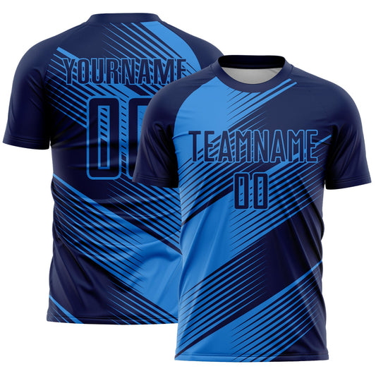 Custom Navy Powder Blue Line Sublimation Soccer Uniform Jersey - Main View
