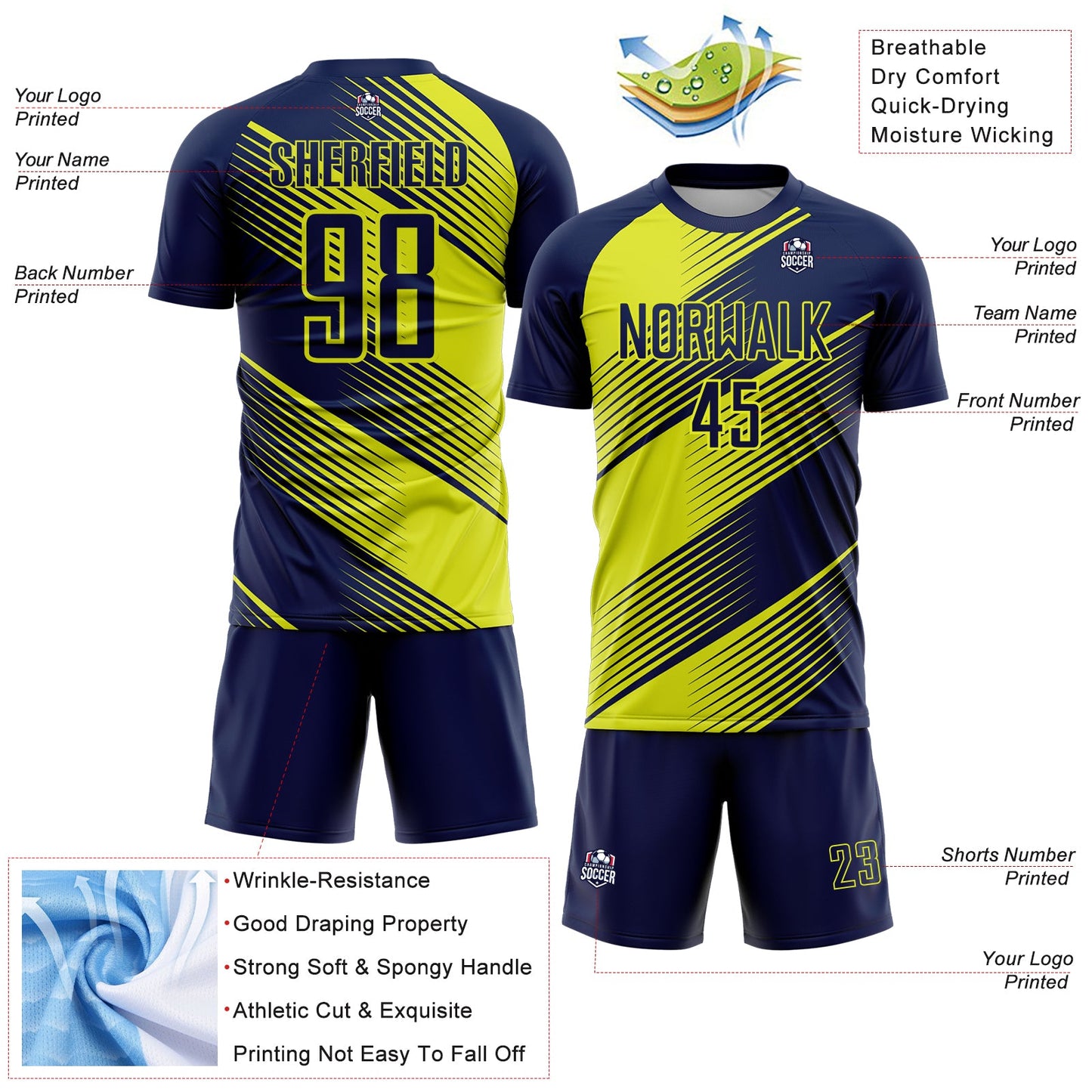 Custom Navy Neon Yellow Line Sublimation Soccer Uniform Jersey view 4