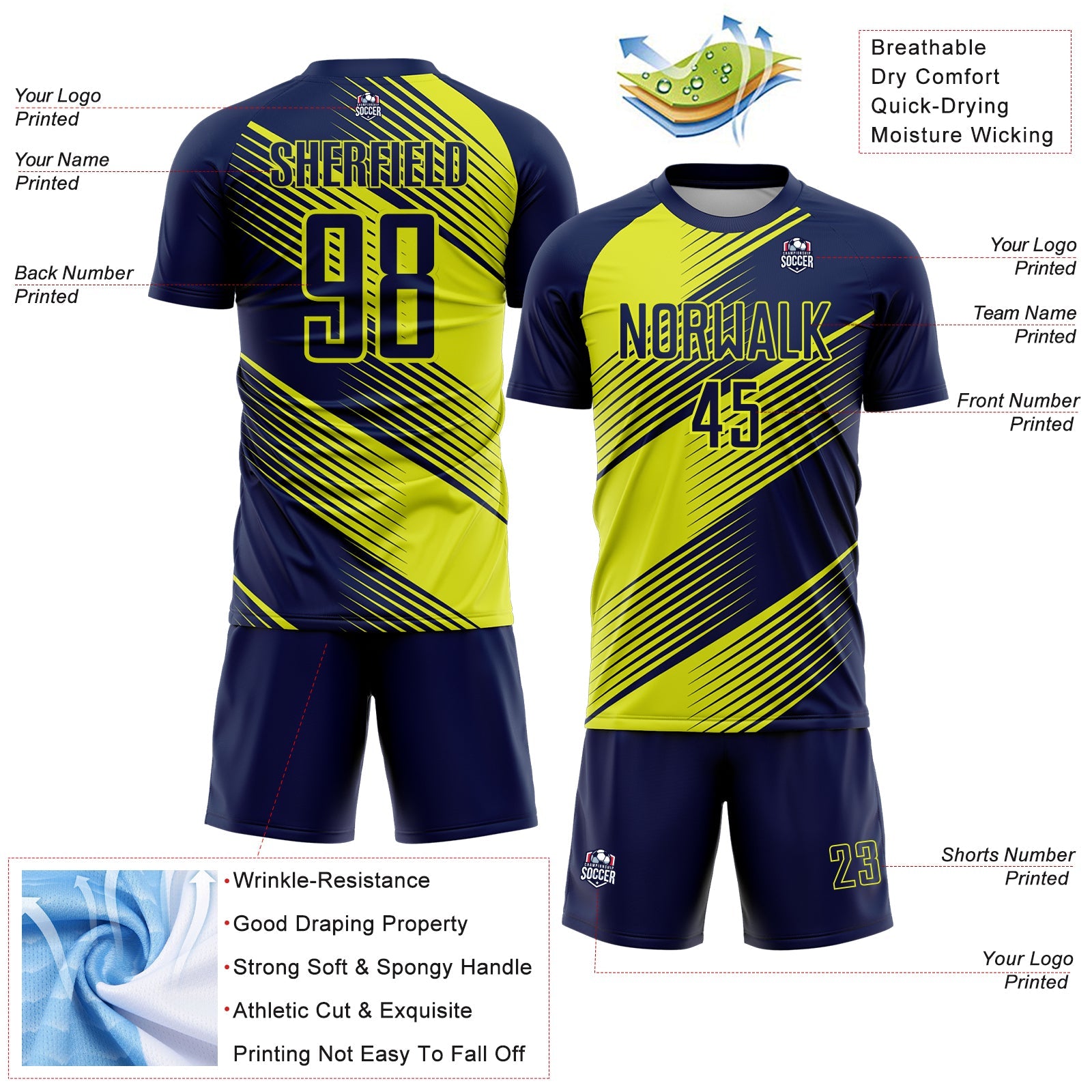 Custom Navy Neon Yellow Line Sublimation Soccer Uniform Jersey view 4
