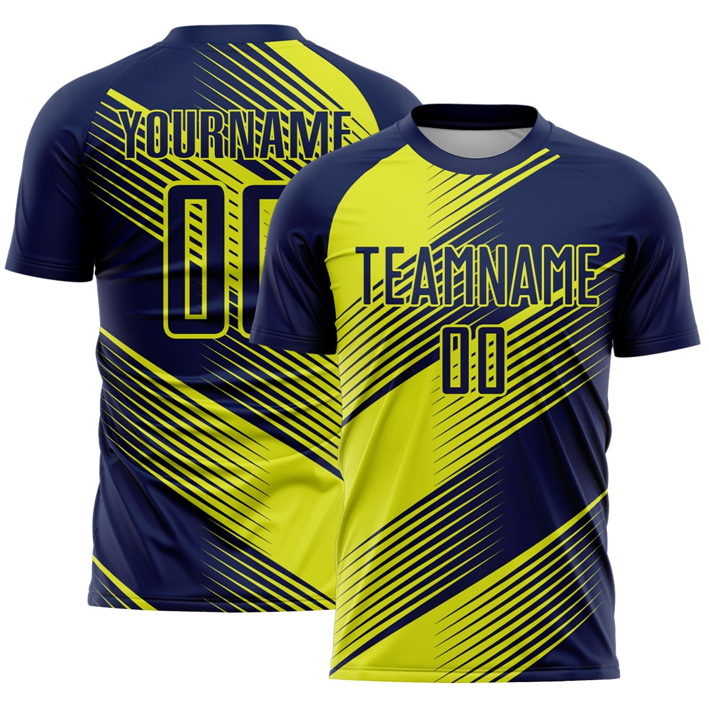 Custom Navy Neon Yellow Line Sublimation Soccer Uniform Jersey - Main View