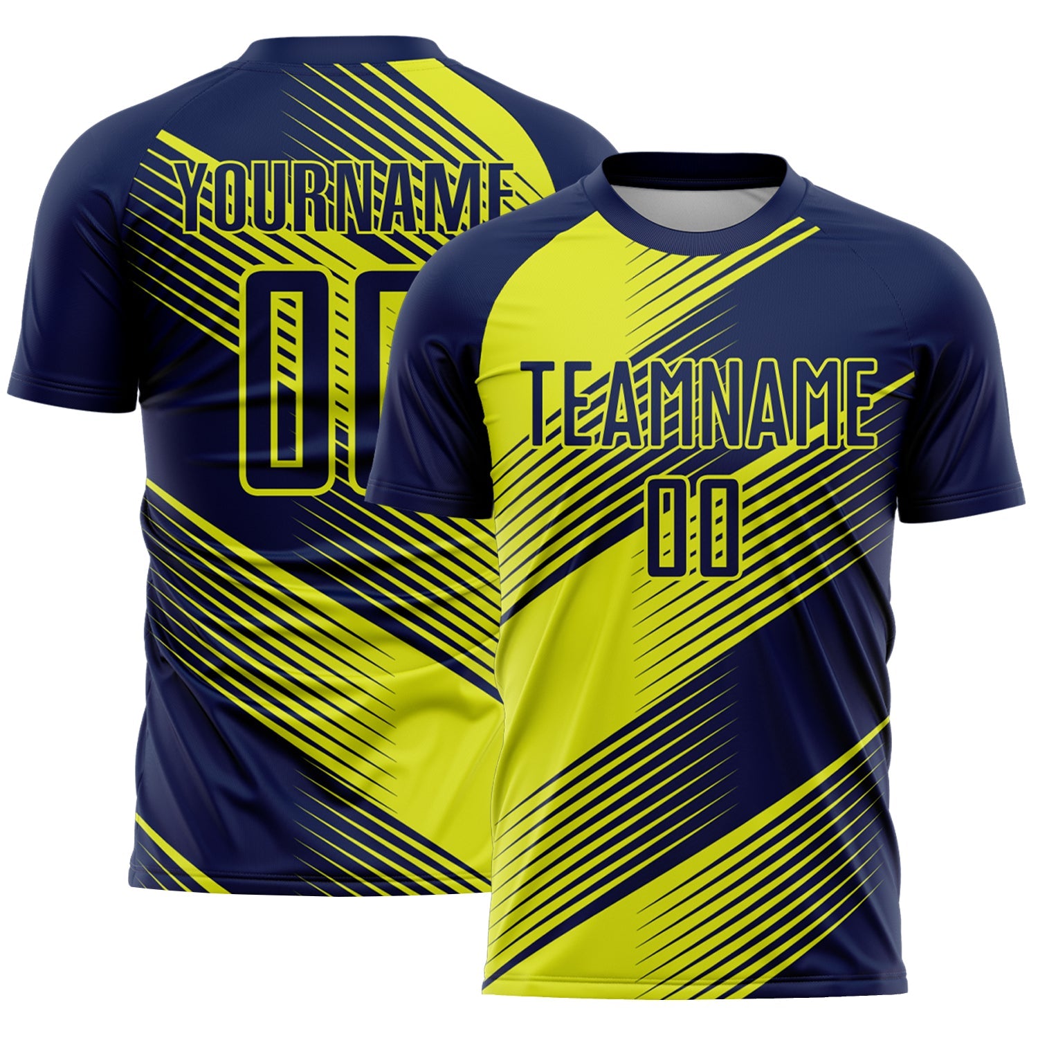 Custom Navy Neon Yellow Line Sublimation Soccer Uniform Jersey - Main View