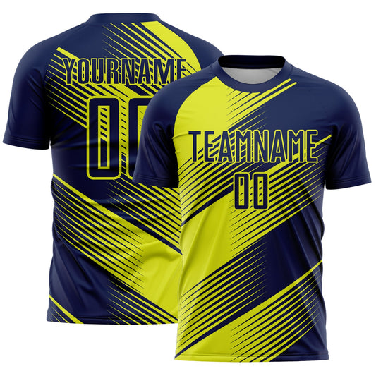 Custom Navy Neon Yellow Line Sublimation Soccer Uniform Jersey - Main View