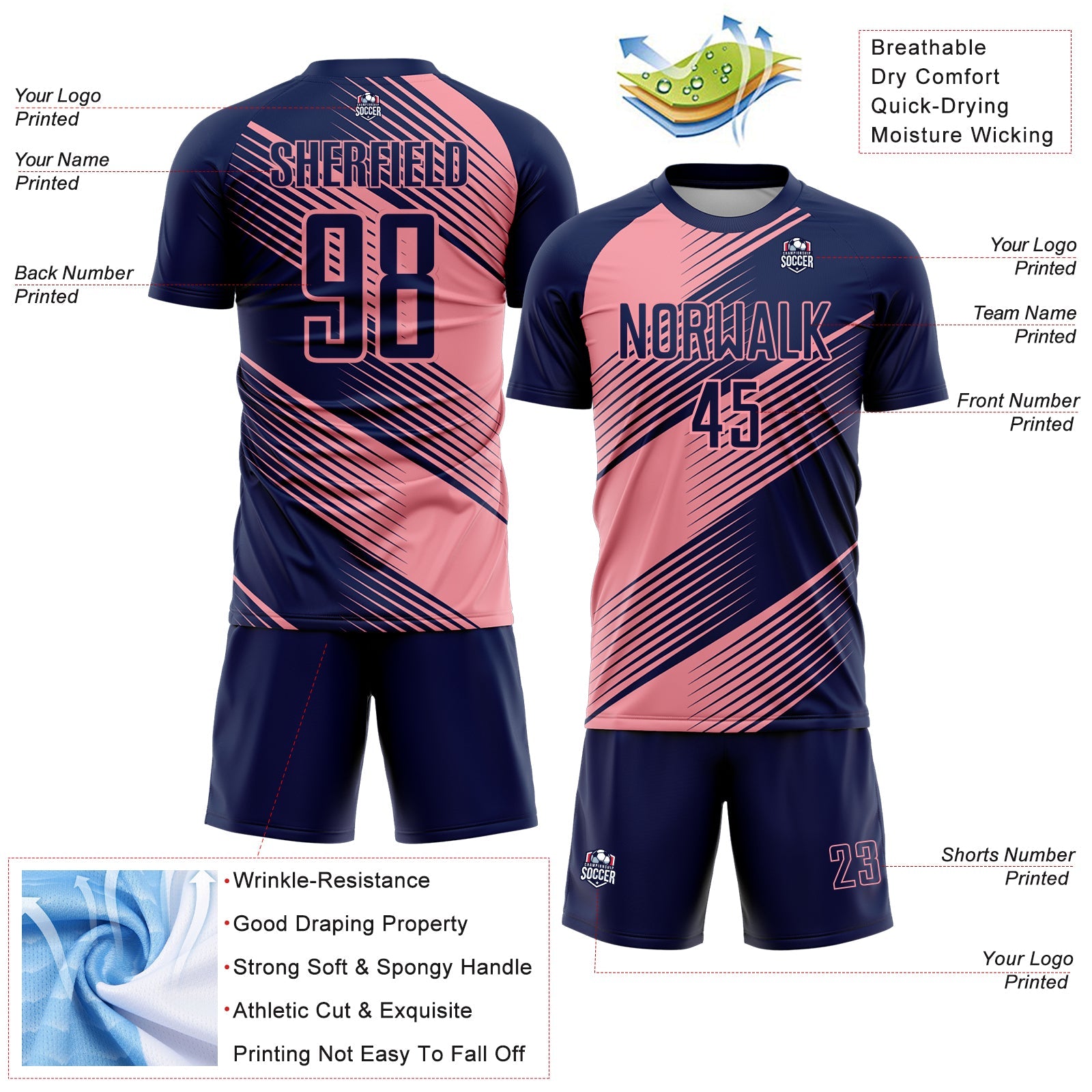 Custom Navy Medium Pink Line Sublimation Soccer Uniform Jersey view 4