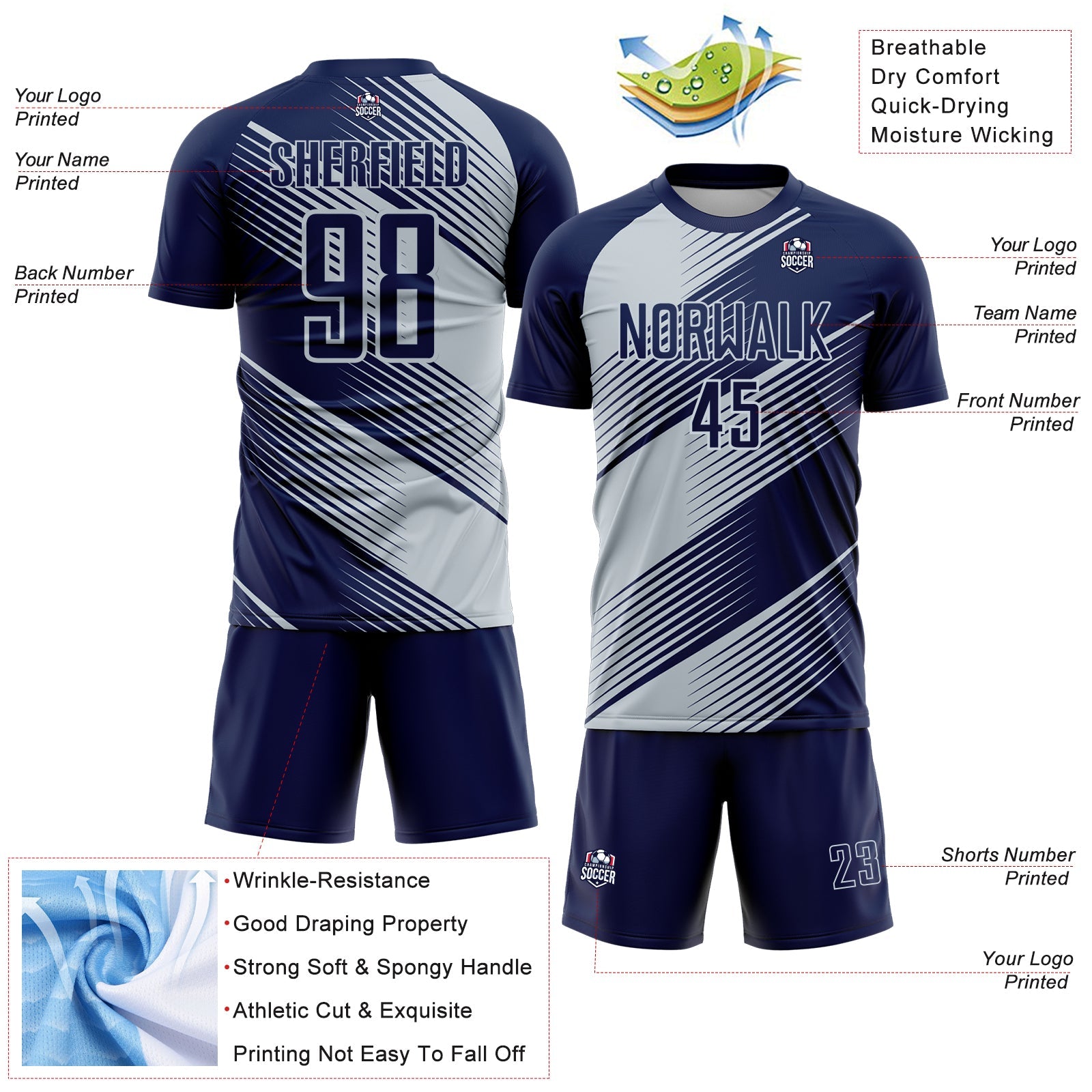 Custom Navy Silver Line Sublimation Soccer Uniform Jersey view 4