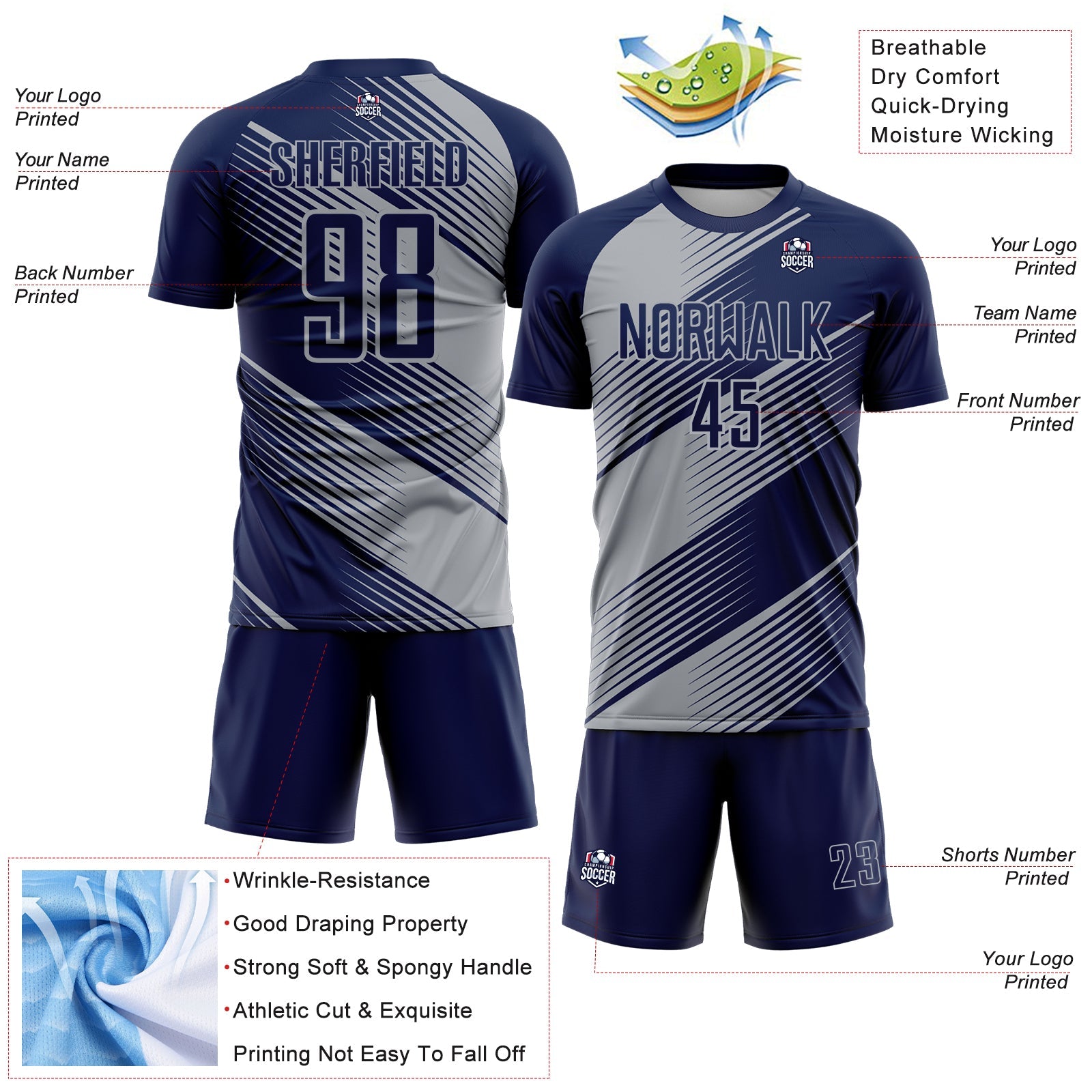 Custom Navy Gray Line Sublimation Soccer Uniform Jersey view 4