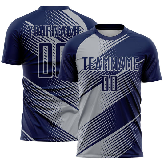 Custom Navy Gray Line Sublimation Soccer Uniform Jersey - Main View