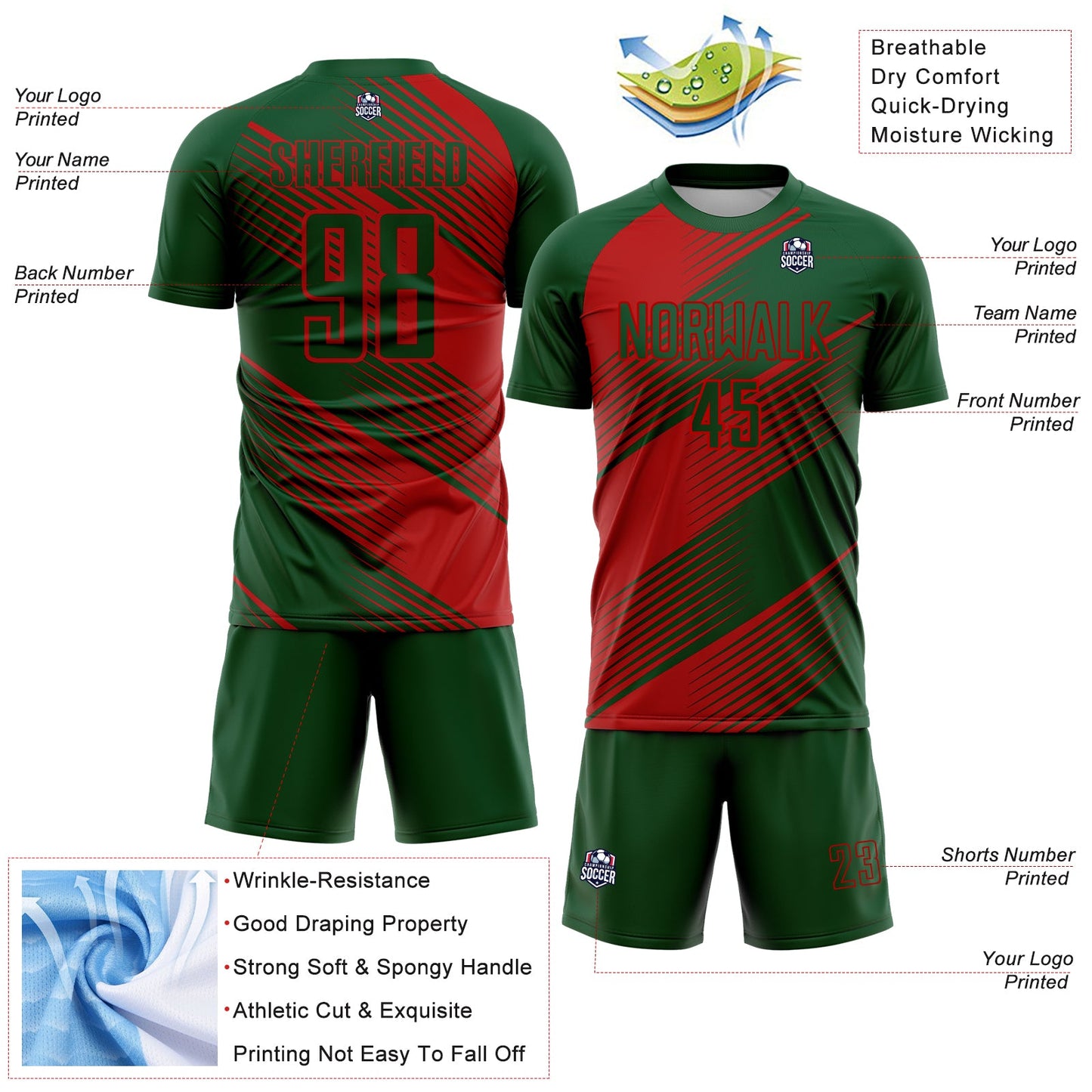 Custom Green Red Line Sublimation Soccer Uniform Jersey view 4