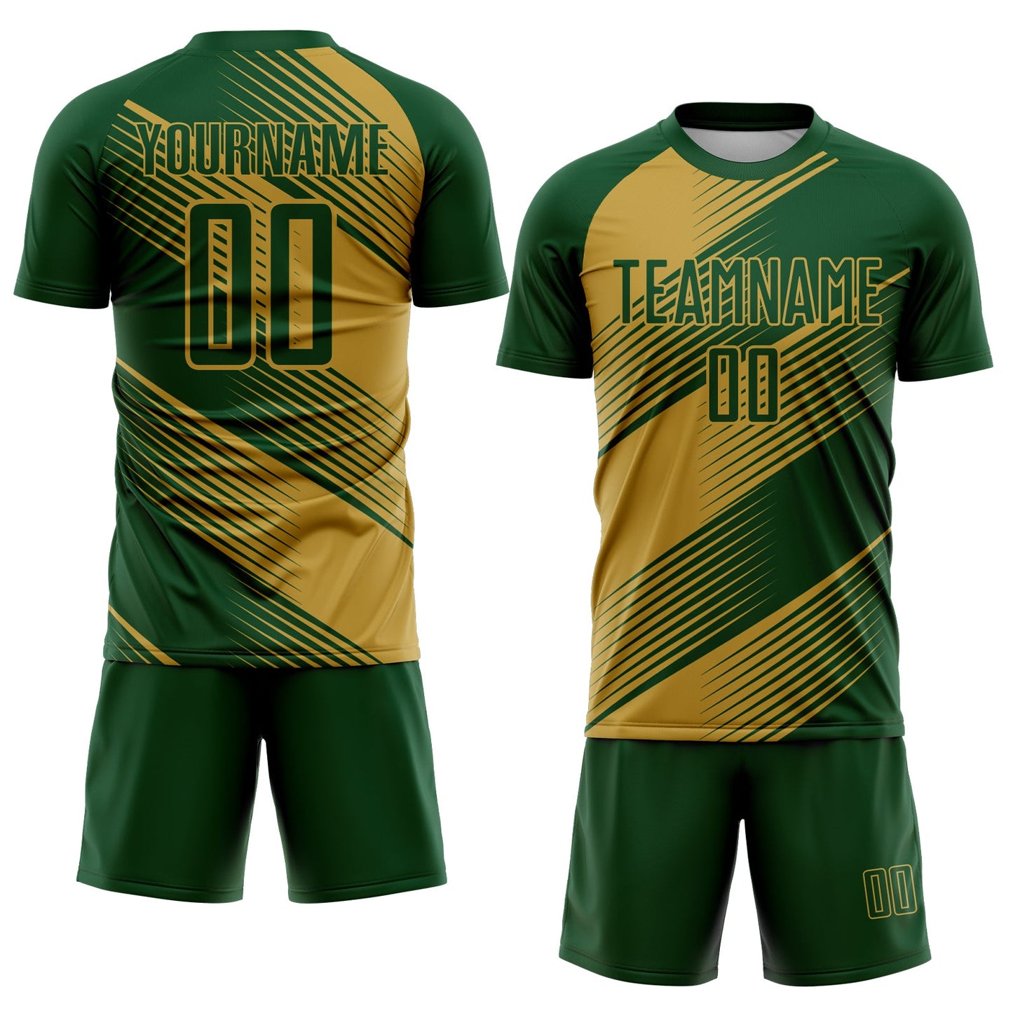 Custom Green Old Gold Line Sublimation Soccer Uniform Jersey view 2