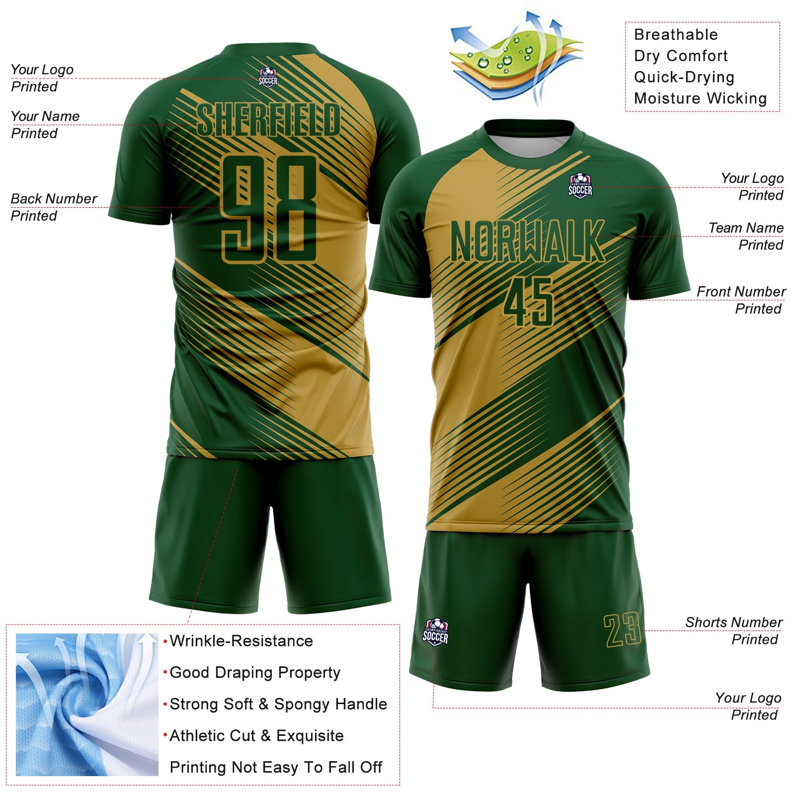 Custom Green Old Gold Line Sublimation Soccer Uniform Jersey view 4