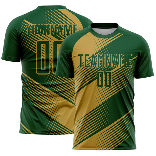 Custom Green Old Gold Line Sublimation Soccer Uniform Jersey - Main View