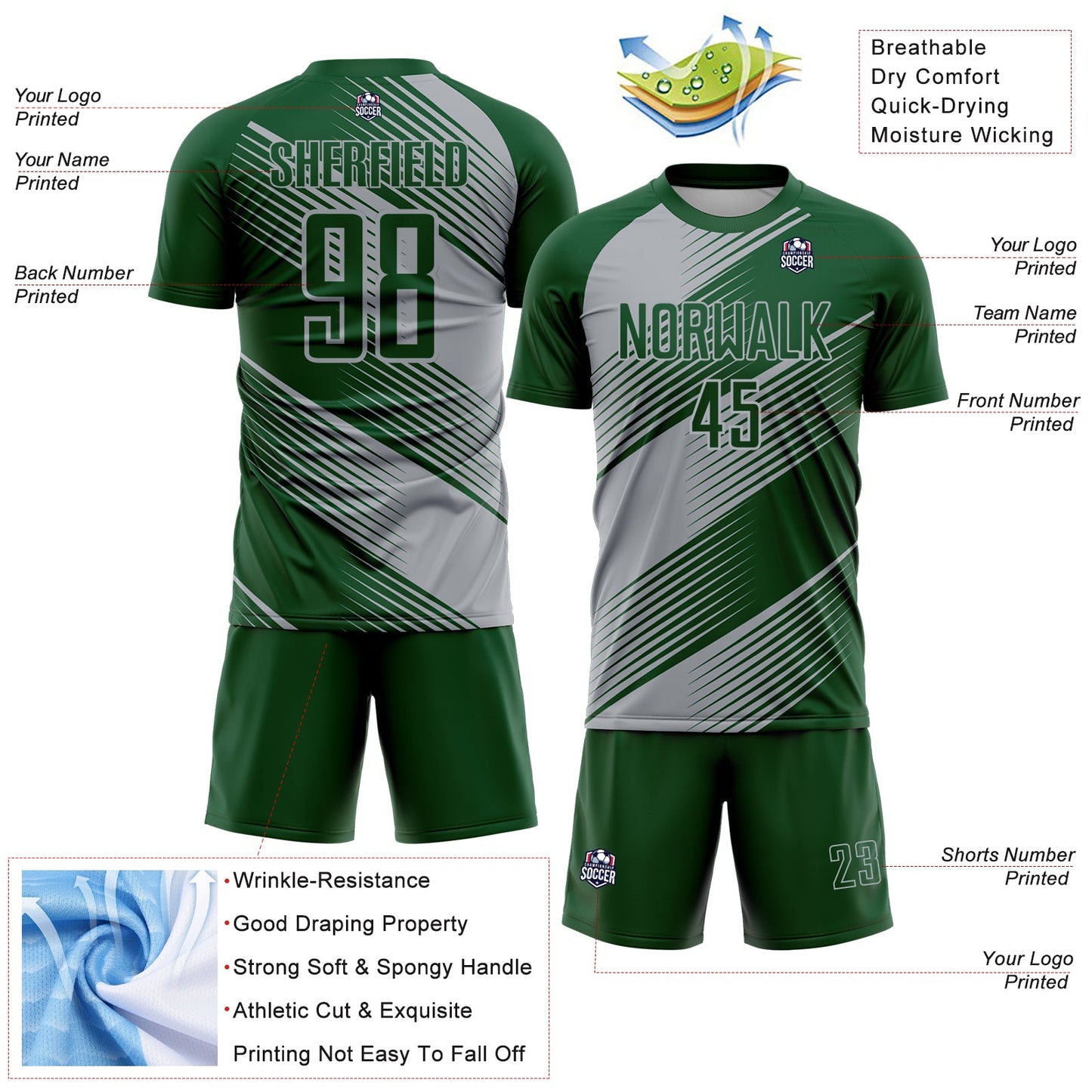 Custom Green Gray Line Sublimation Soccer Uniform Jersey view 4