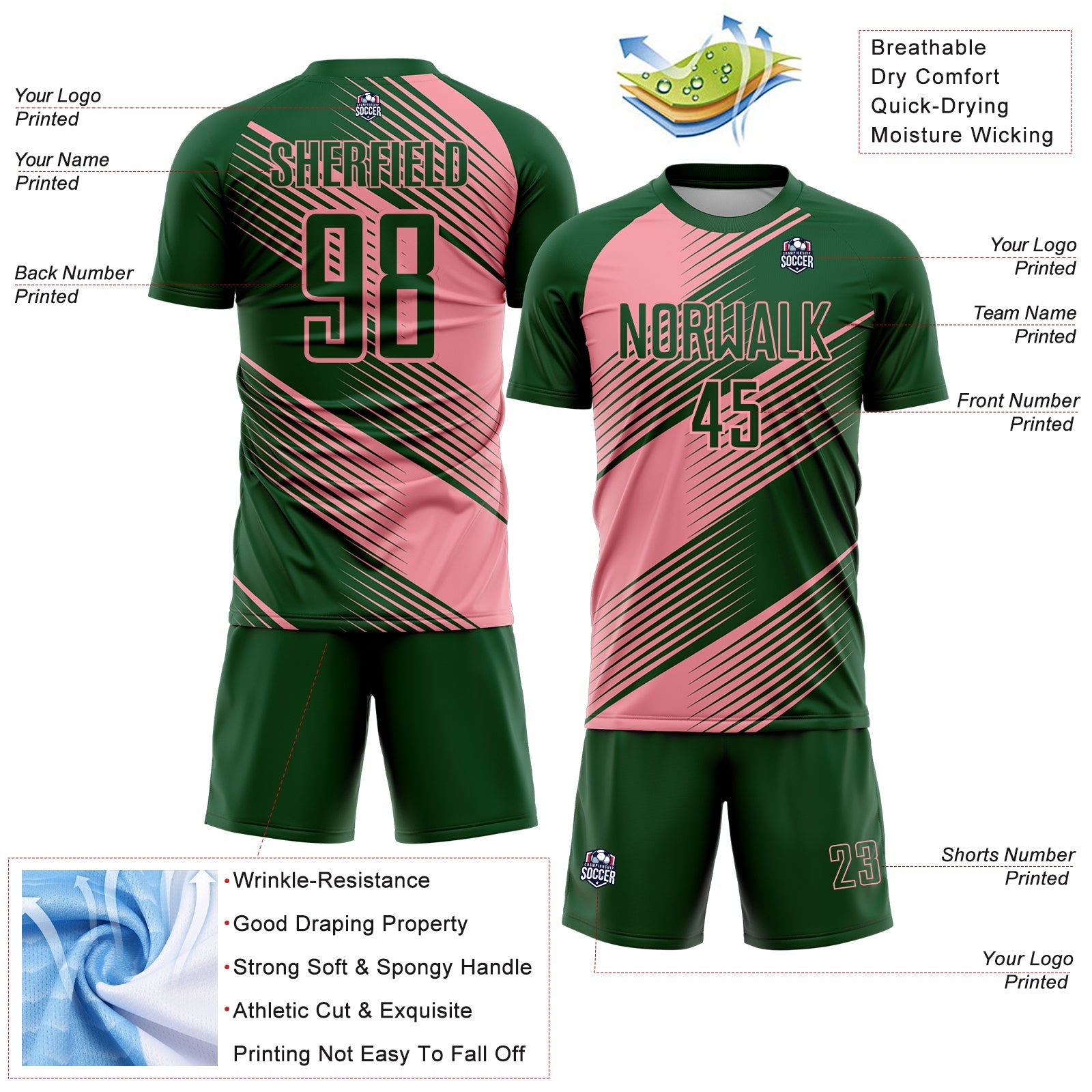 Custom Green Medium Pink Line Sublimation Soccer Uniform Jersey view 4