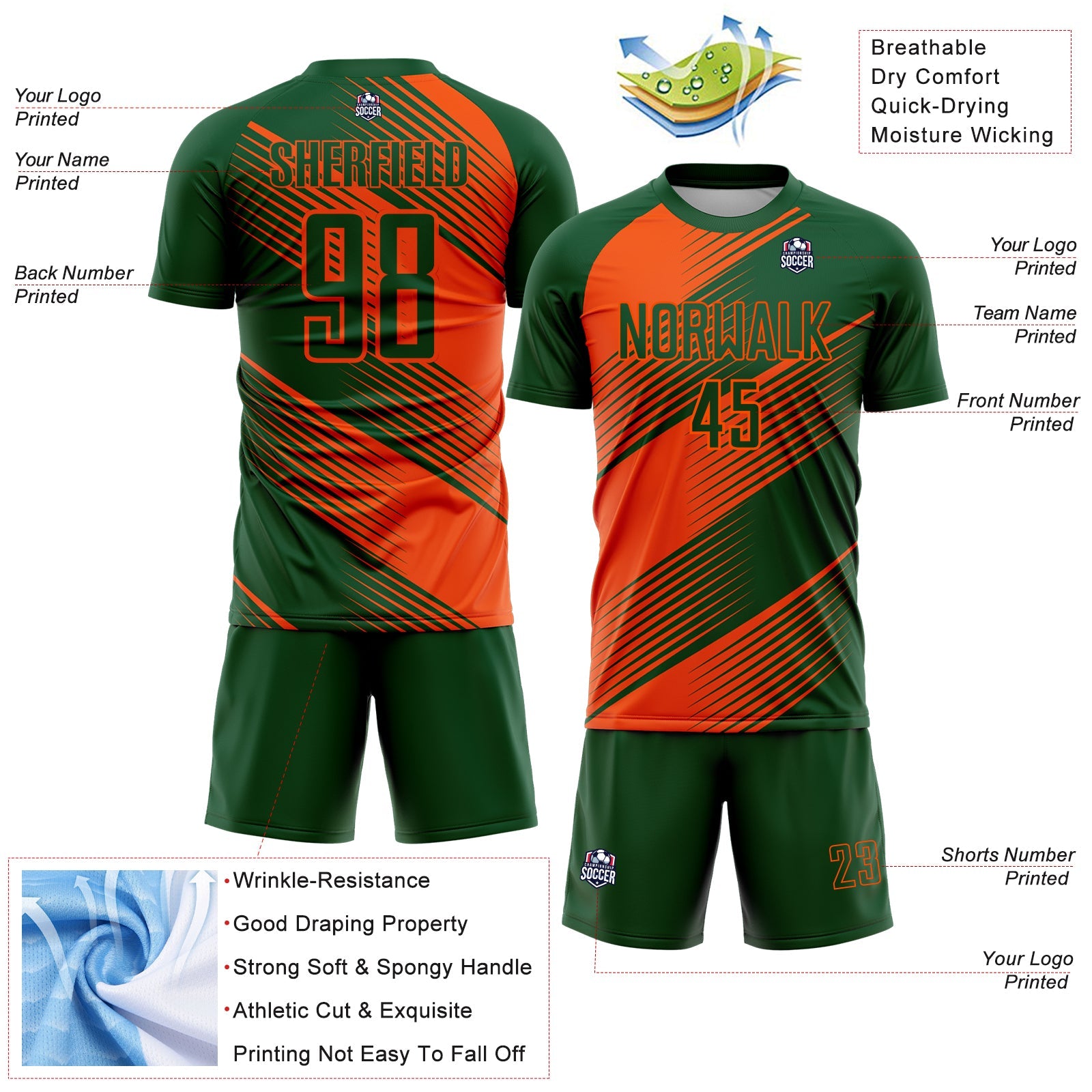 Custom Green Orange Line Sublimation Soccer Uniform Jersey view 4