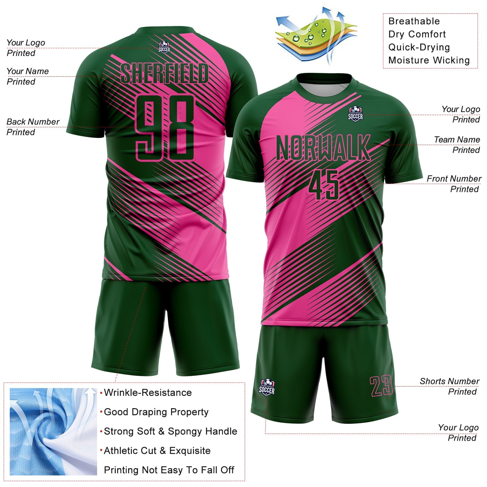 Custom Green Pink Line Sublimation Soccer Uniform Jersey view 4